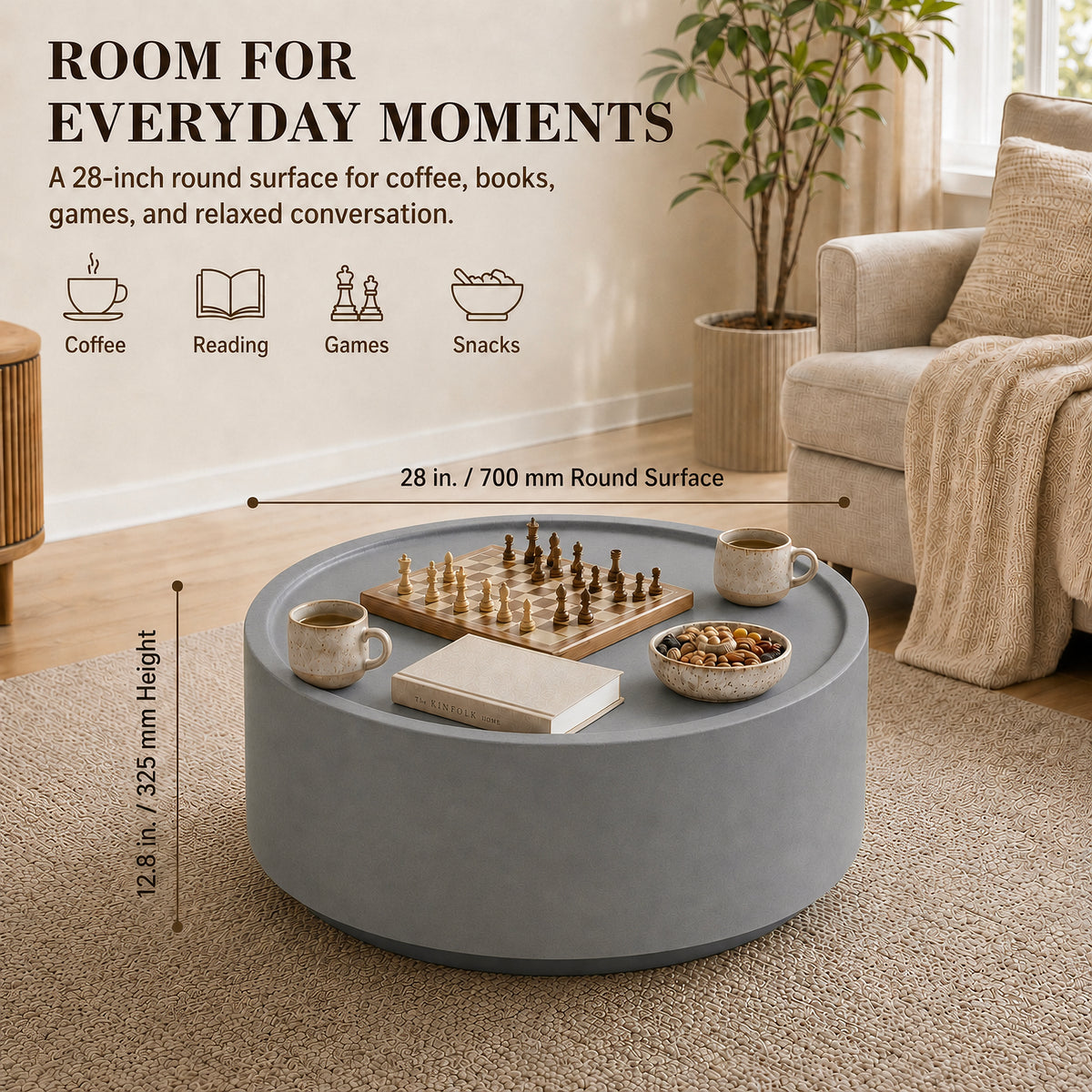 Festivo FCT26132 28" Round MGO Coffee Table with a Natural Stone-Look Finish-Cement Gray
