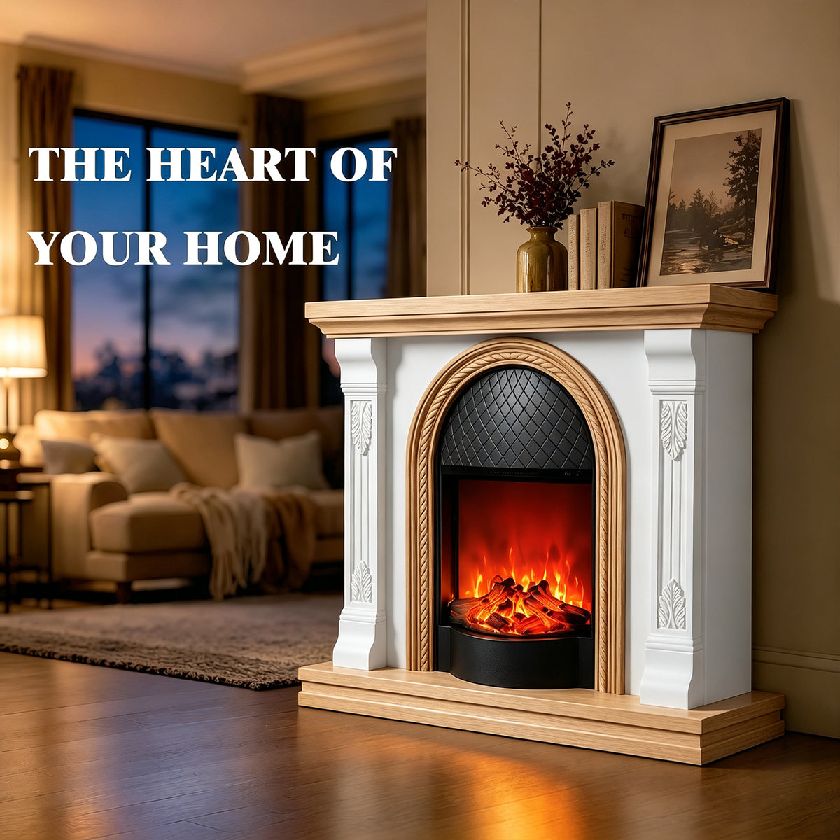 Festivo FFP26092 38.58" Stone Column MGO Electric Fireplace Mantel with 20" Black Arched Insert, Realistic Log & Flame Effect, Remote Control & Timer, White & Honey Oak