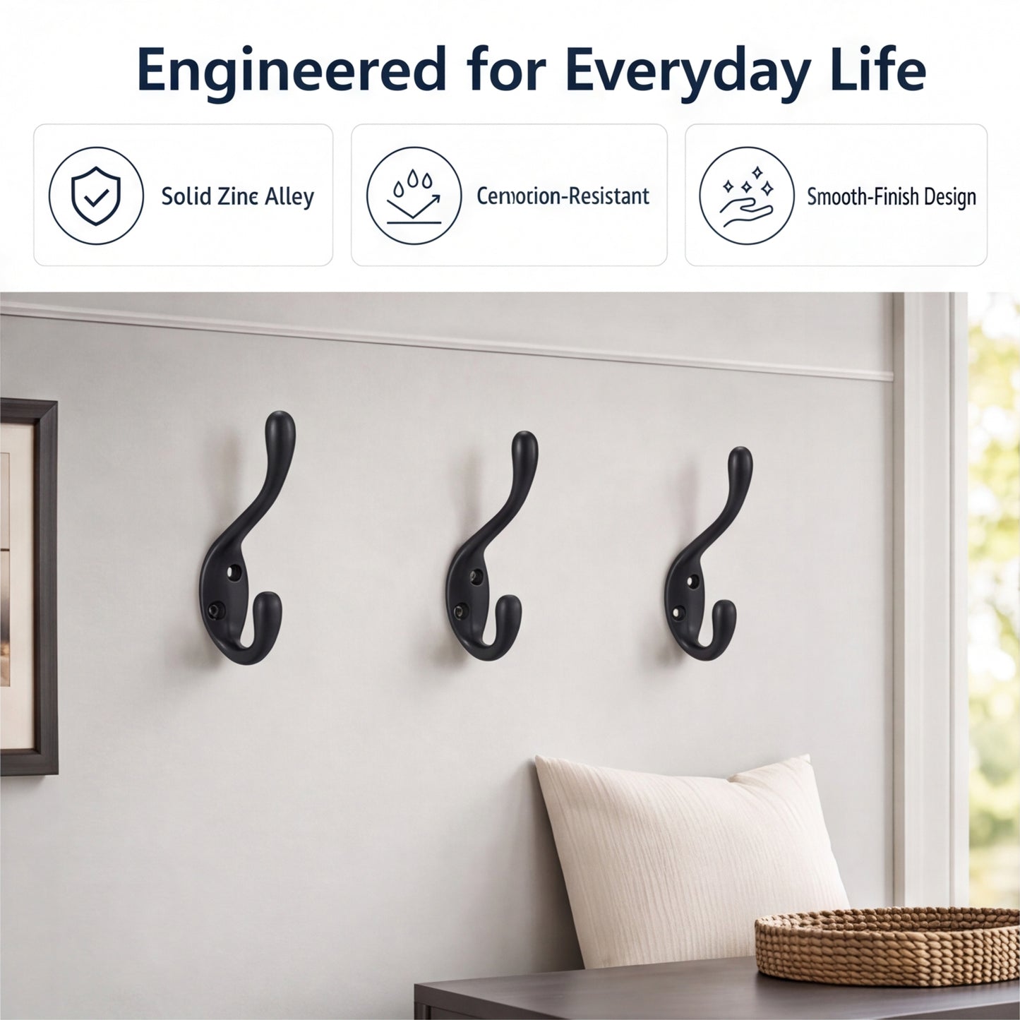 FESTIVITY LF6003MB-Matte Black 5 Pack Premium Aluminum Alloy Coat Dual Hooks