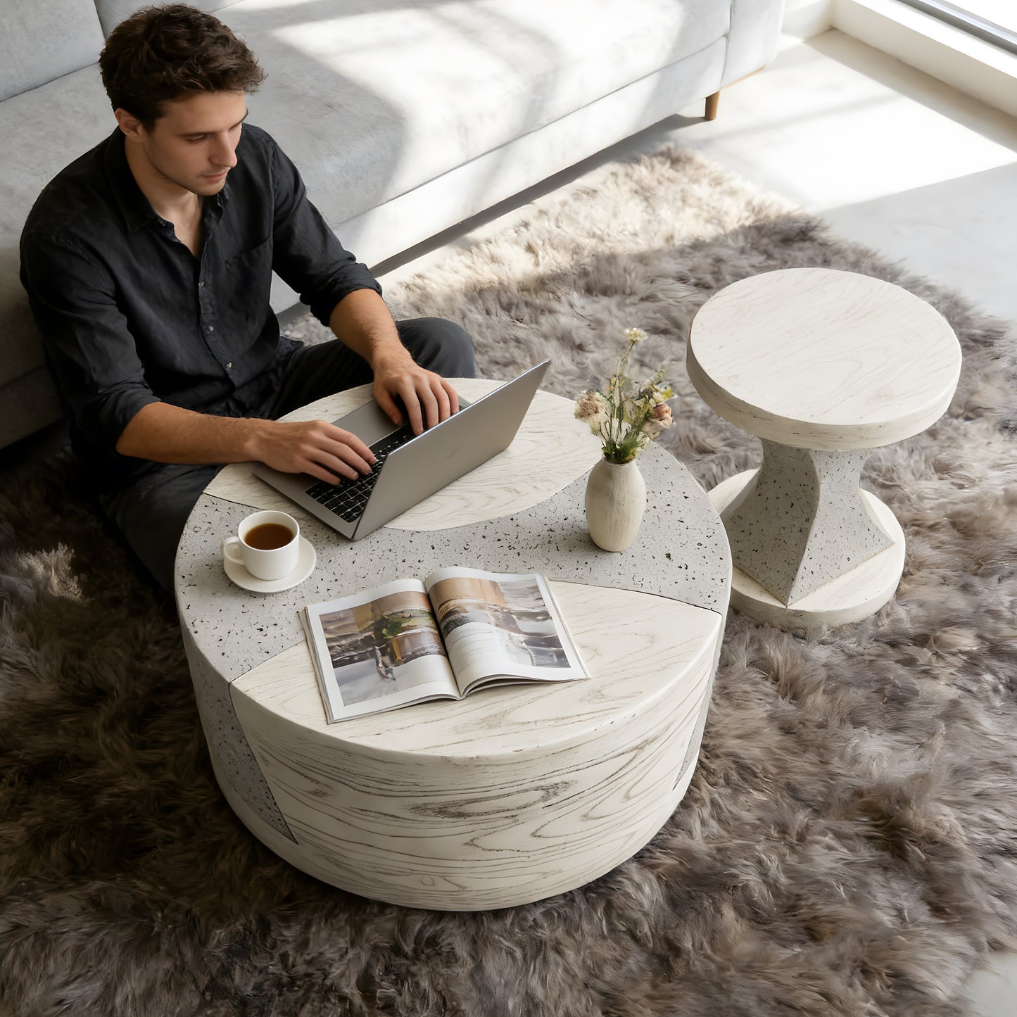Festivo FST25131, FST25141 Round MGO Coffee & Side Table Set with a Natural Stone & Wood-Look Finish-Ivory Oak Travertine