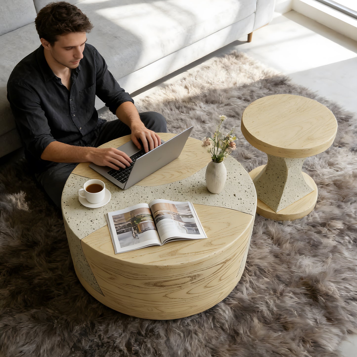 Festivo FST25132, FST25142 Round MGO Coffee & Side Table Set with a Natural Stone & Wood-Look Finish-Sahara Oak Travertine