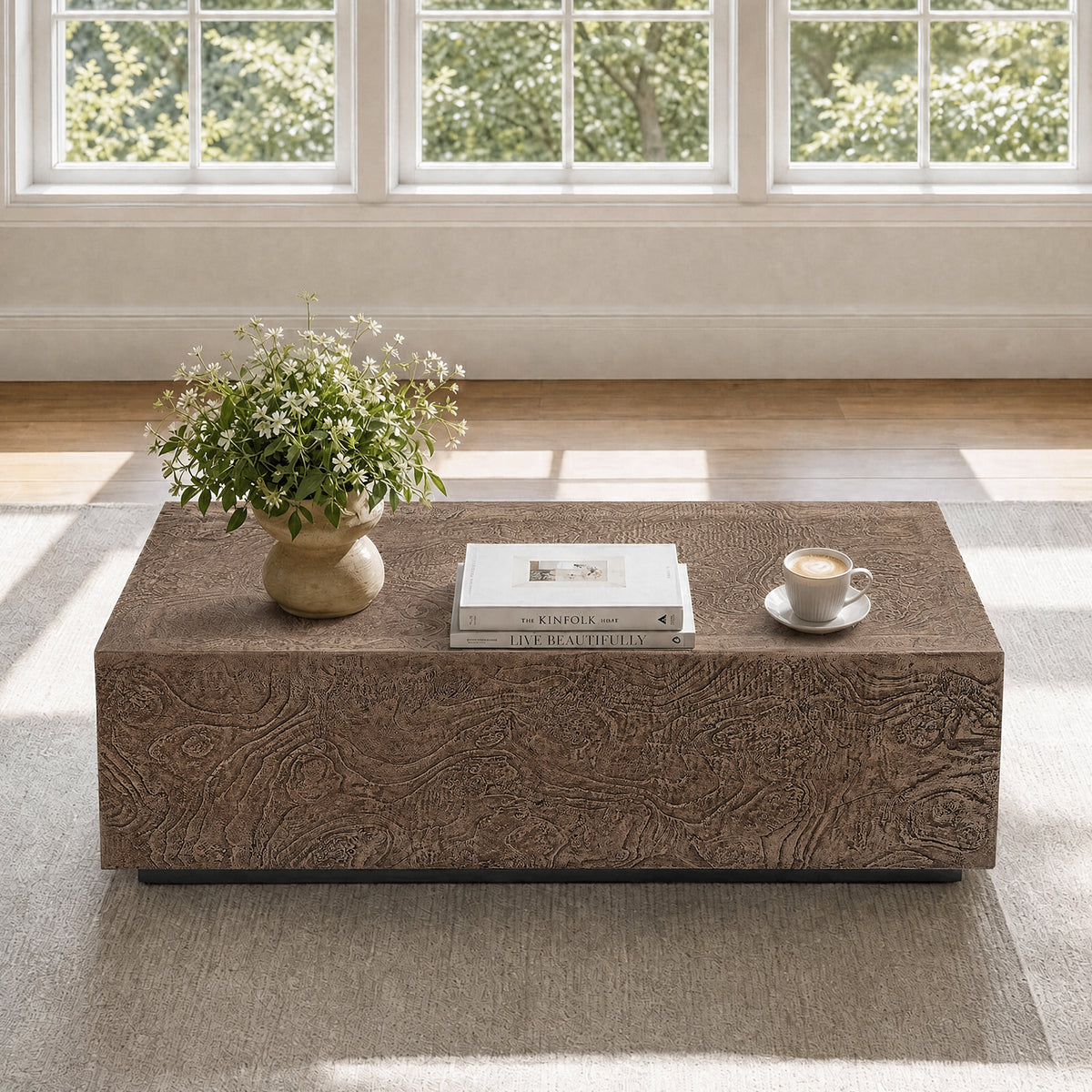 Festivo FCT26212 40" Rectangular MGO Coffee Table with a Natural Stone Burl-Look Finish-Warm Brown Burl