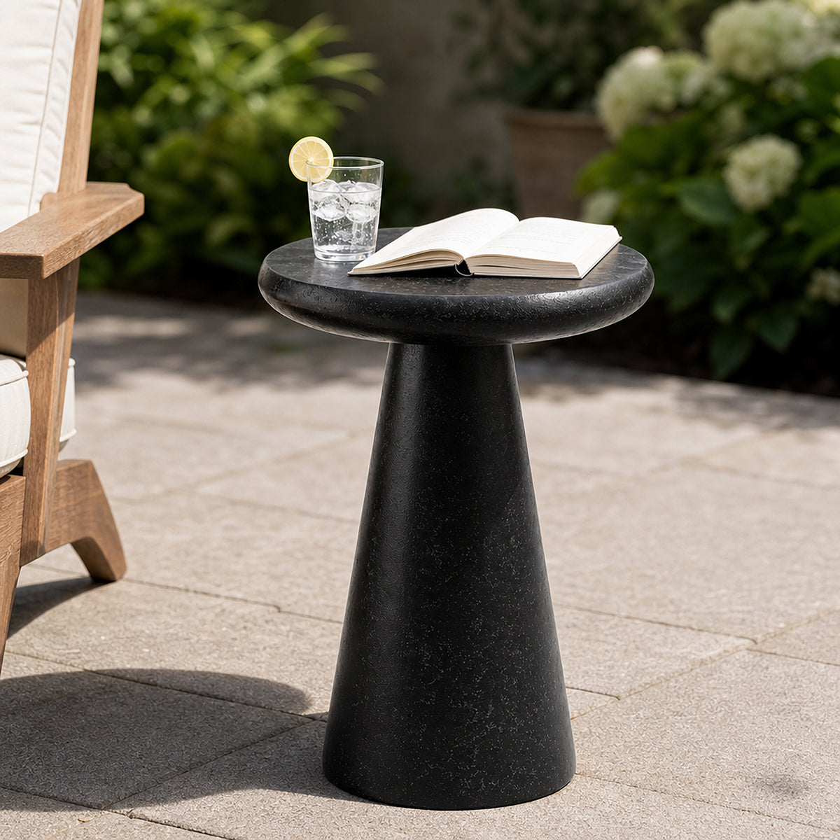 Festivo FST26161 16.14" Round Pedestal MGO Side/End Table with a Natural Stone-Look Finish-Gloss Ceramic Black