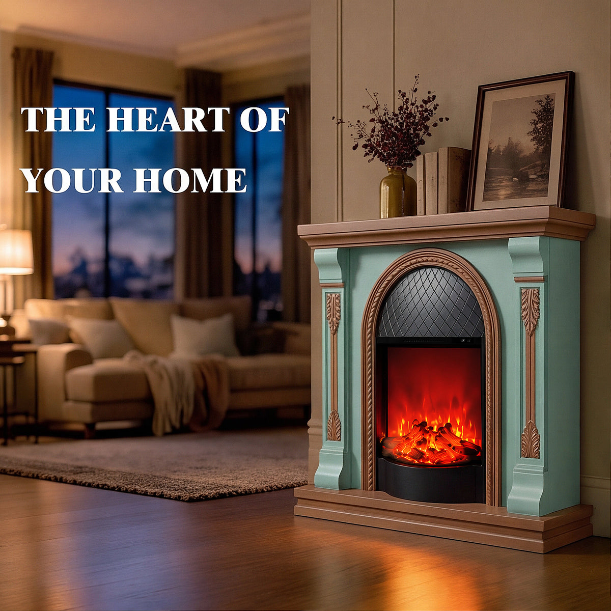 Festivo FFP26093 38.58" Stone Column MGO Electric Fireplace Mantel with 20" Black Arched Insert, Realistic Log & Flame Effect, Remote Control & Timer, Sage Green & Warm Oak