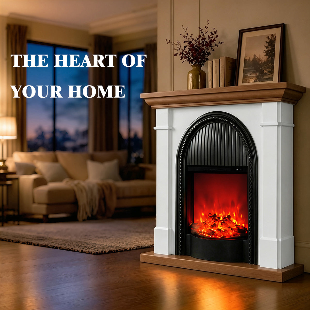 Festivo FFP26101 38.58" Stone Column MGO Electric Fireplace Mantel with 20" Black Arched Insert, Realistic Log & Flame Effect, Remote Control & Timer, White Oak