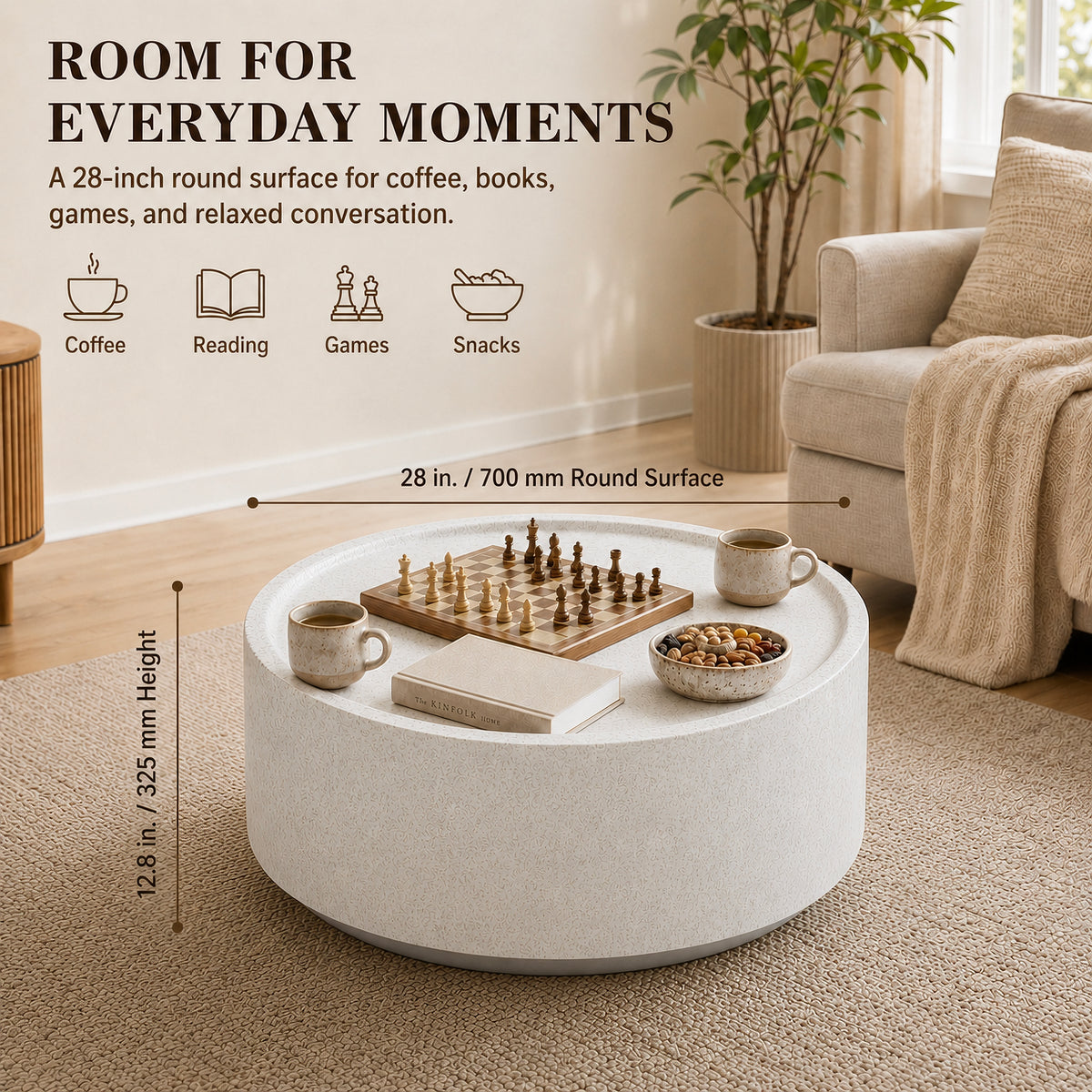 Festivo FCT26131 28" Round MGO Coffee Table with a Natural Stone Marble-Look Finish-Cloud Ceramic White