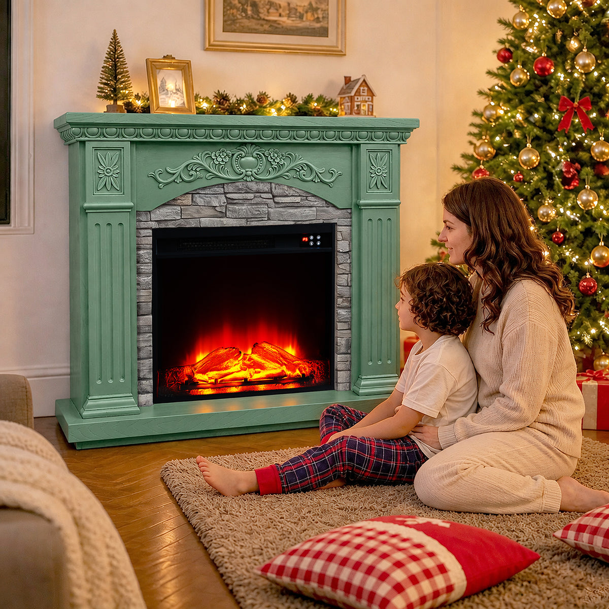 Festivo FFP26235 42.32" Vintage Carved-Look MGO Electric Fireplace Mantel with 23" Insert, Realistic Log & Flame Effect, Remote Control & Timer, Green