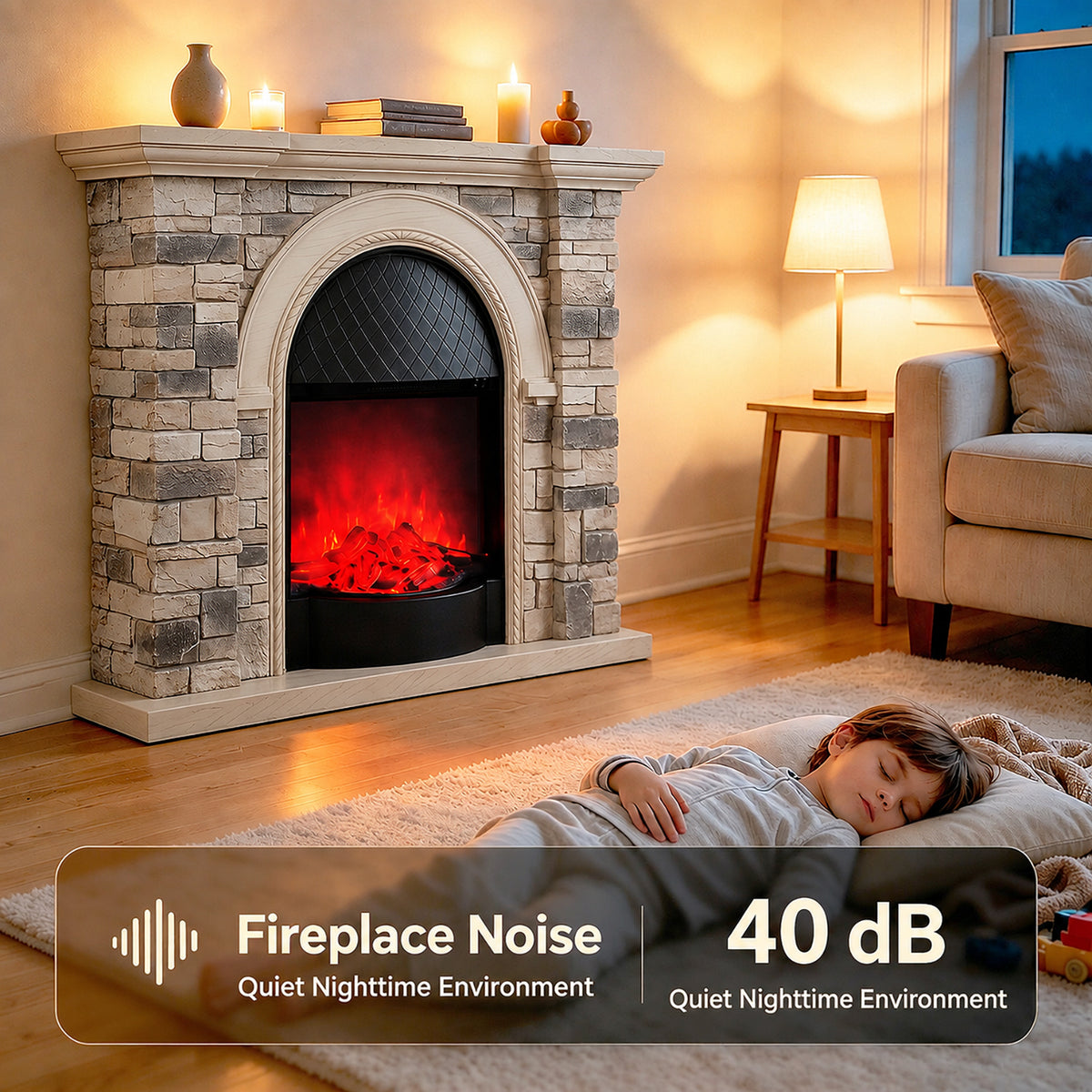 Festivo FFP26083 43.31" Stone Brick-Look MGO Electric Fireplace Mantel with 20" Arched Insert, Realistic Log & Flame Effect, Remote Control & Timer, Cream Beige