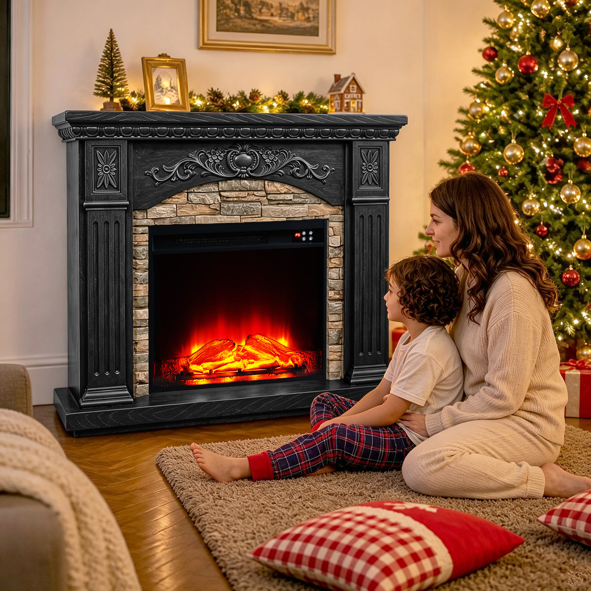 Festivo FFP26236 42.32" Vintage Carved-Look MGO Electric Fireplace Mantel with 23" Insert, Realistic Log & Flame Effect, Remote Control & Timer, Black
