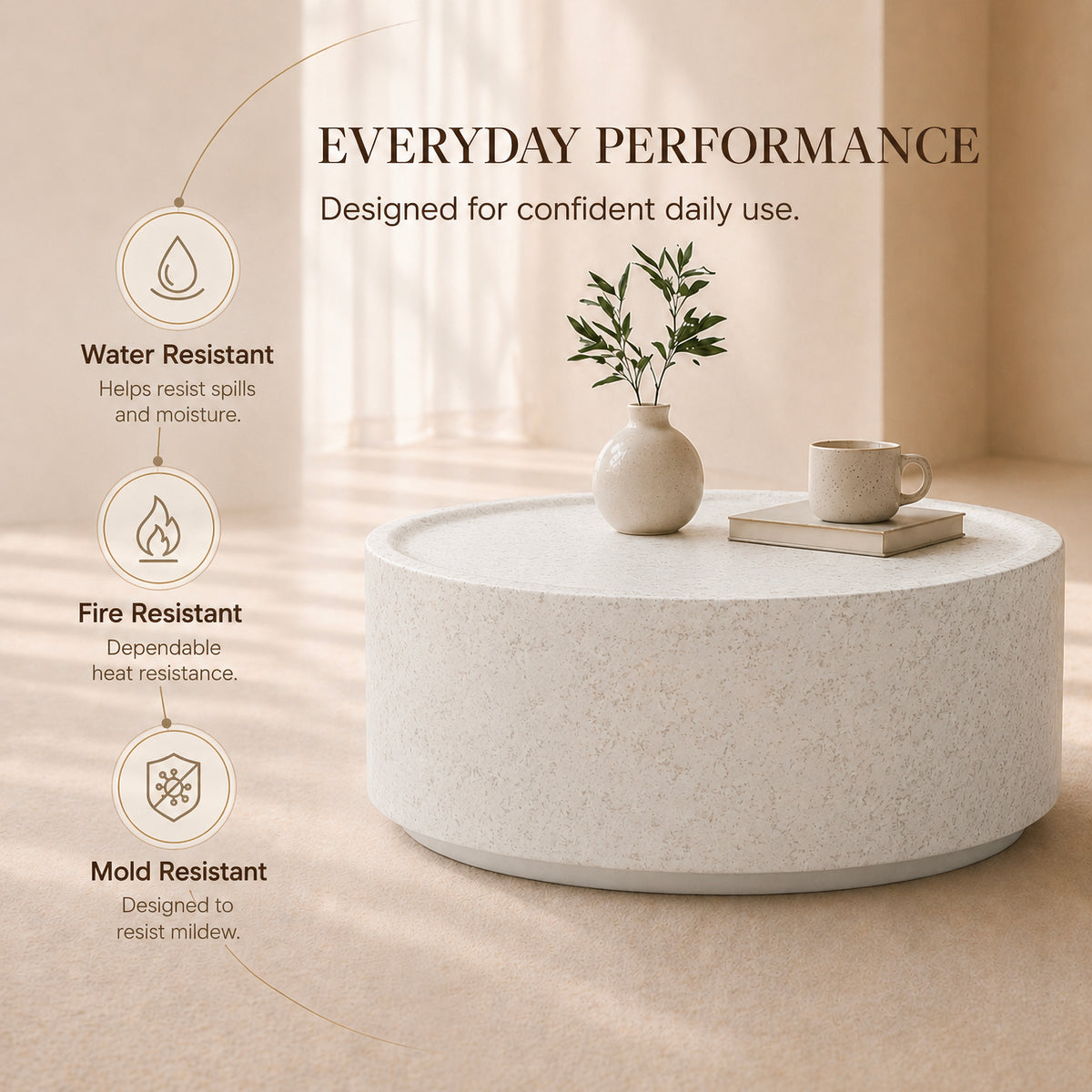 Festivo FCT26131 28" Round MGO Coffee Table with a Natural Stone Marble-Look Finish-Cloud Ceramic White