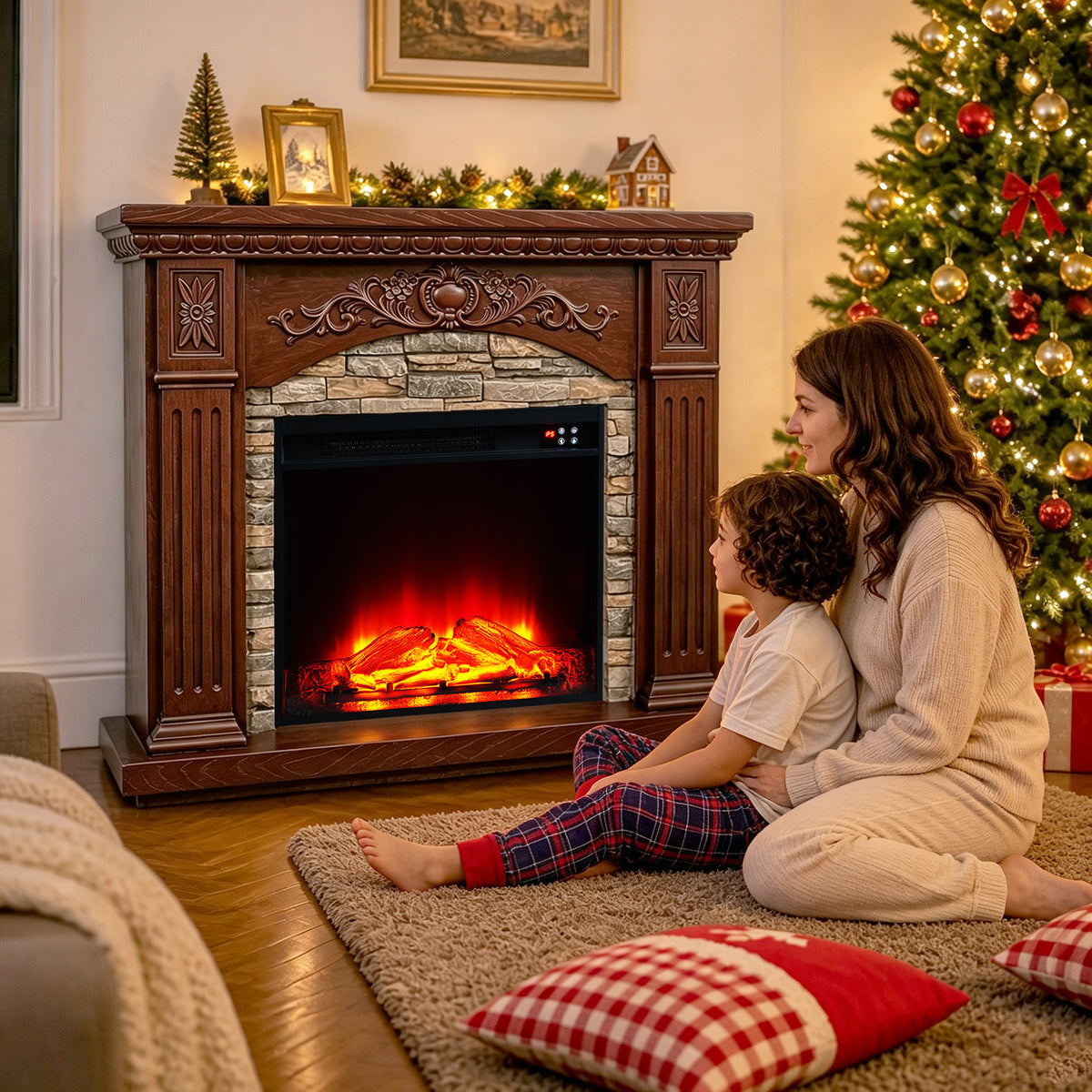 Festivo FFP26232 42.32" Vintage Carved-Look MGO Electric Fireplace Mantel with 23" Insert, Realistic Log & Flame Effect, Remote Control & Timer, Brown