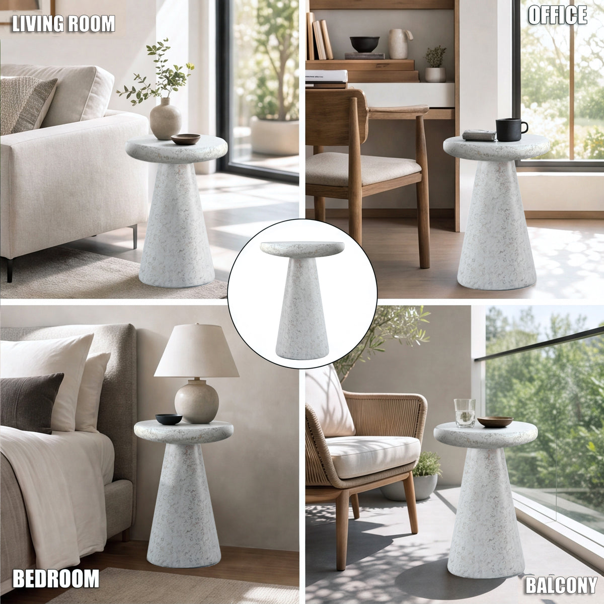Festivo FST26162 16.14" Round Pedestal MGO Side/End Table with a Natural Stone-Look Finish-Cloud Ceramic White