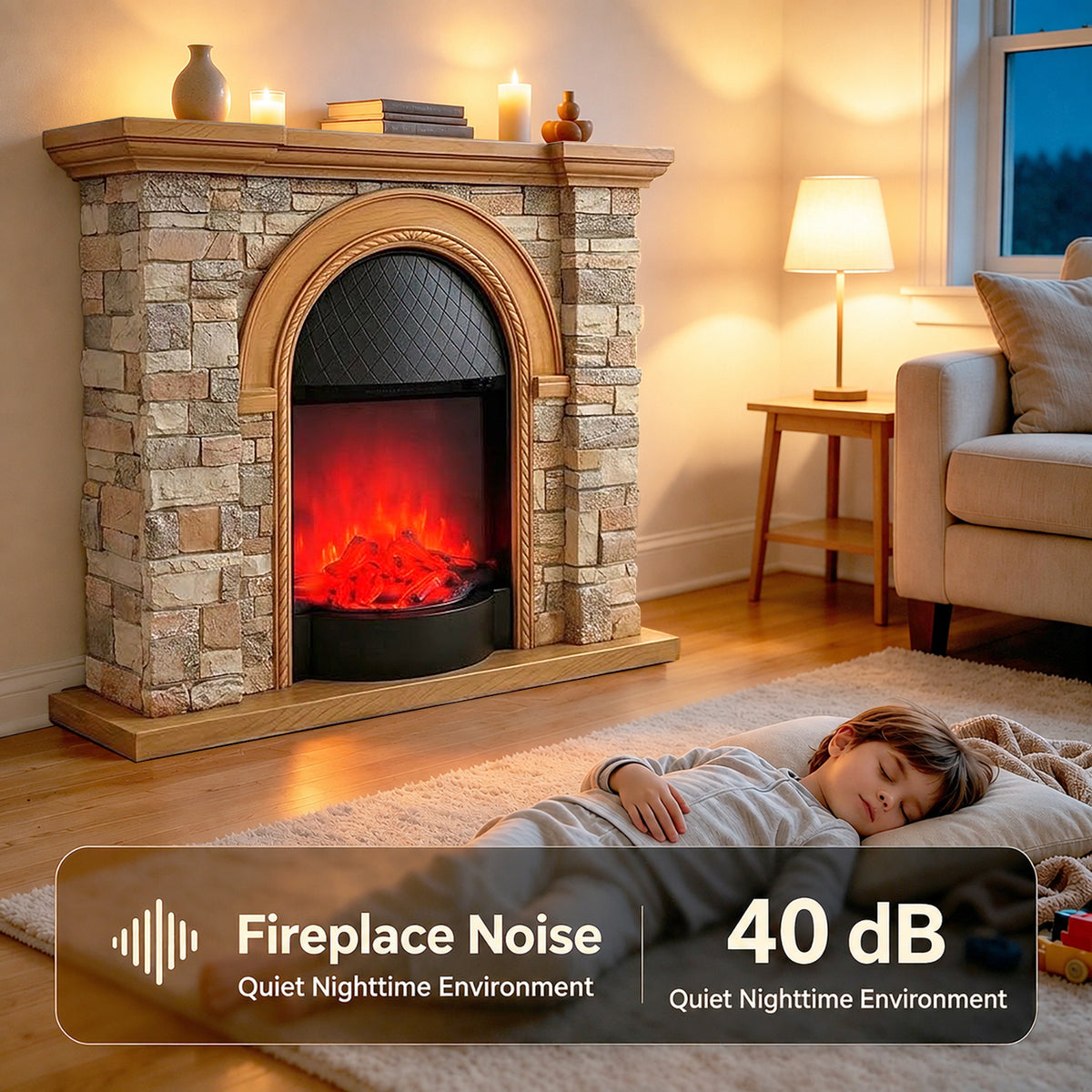 Festivo FFP26081 43.31" Stone Brick-Look MGO Electric Fireplace Mantel with 20" Arched Insert, Realistic Log & Flame Effect, Remote Control & Timer, Tan/Honey Oak