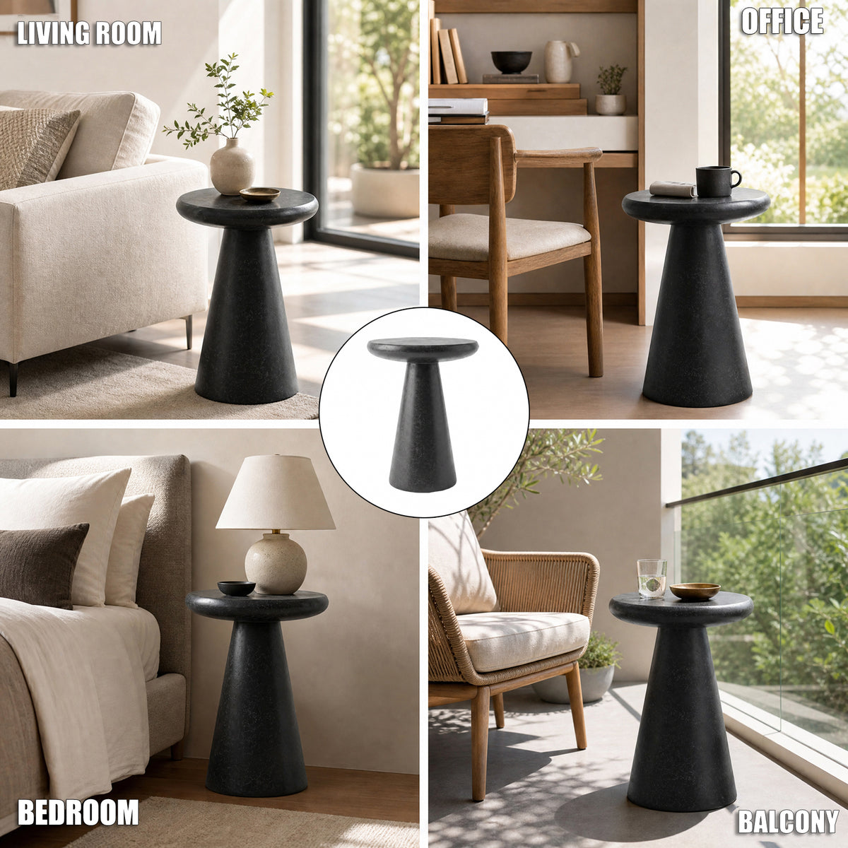 Festivo FST26161 16.14" Round Pedestal MGO Side/End Table with a Natural Stone-Look Finish-Gloss Ceramic Black