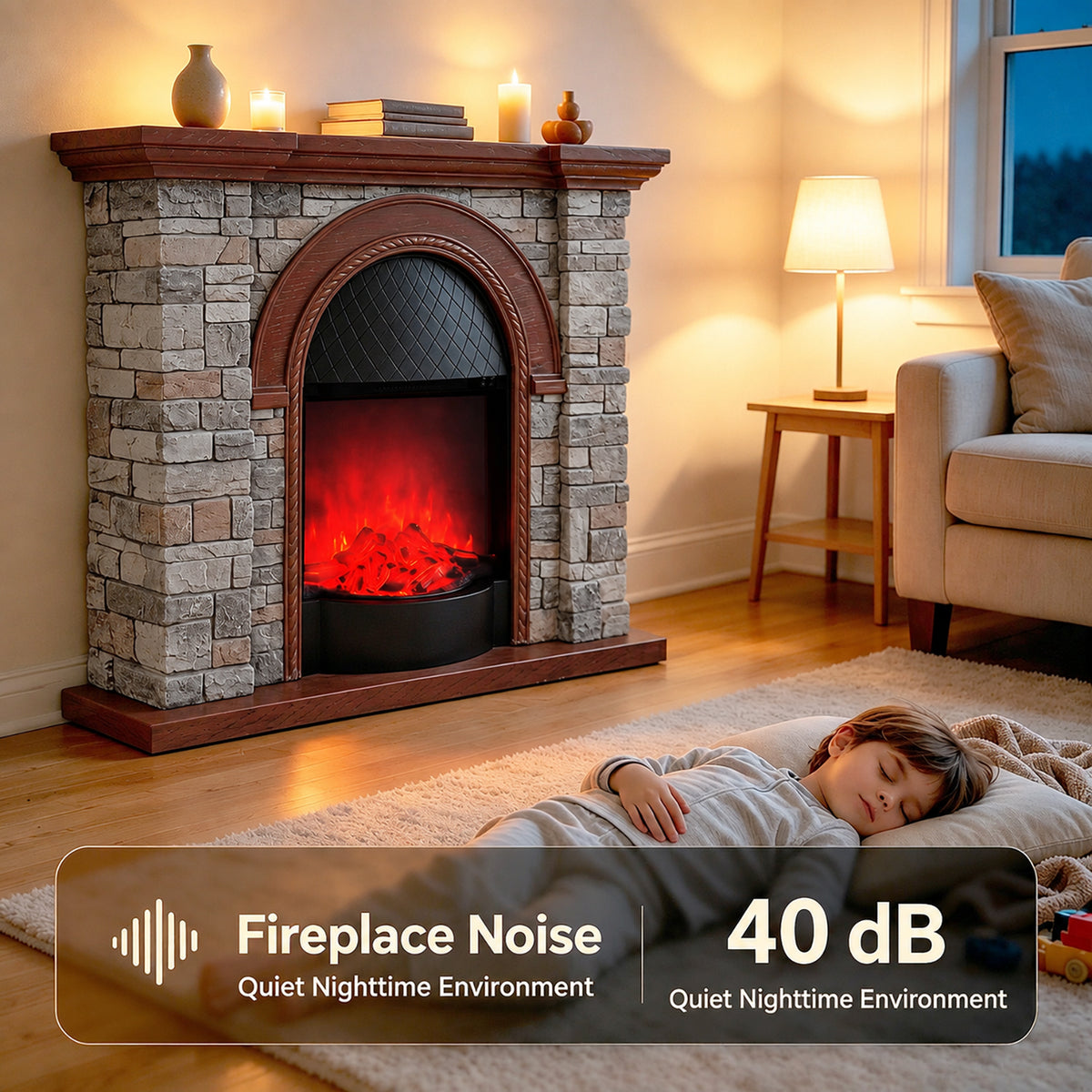 Festivo FFP26082 43.31" Stone Brick-Look MGO Electric Fireplace Mantel with 20" Arched Insert, Realistic Log & Flame Effect, Remote Control & Timer, Grey & Brown