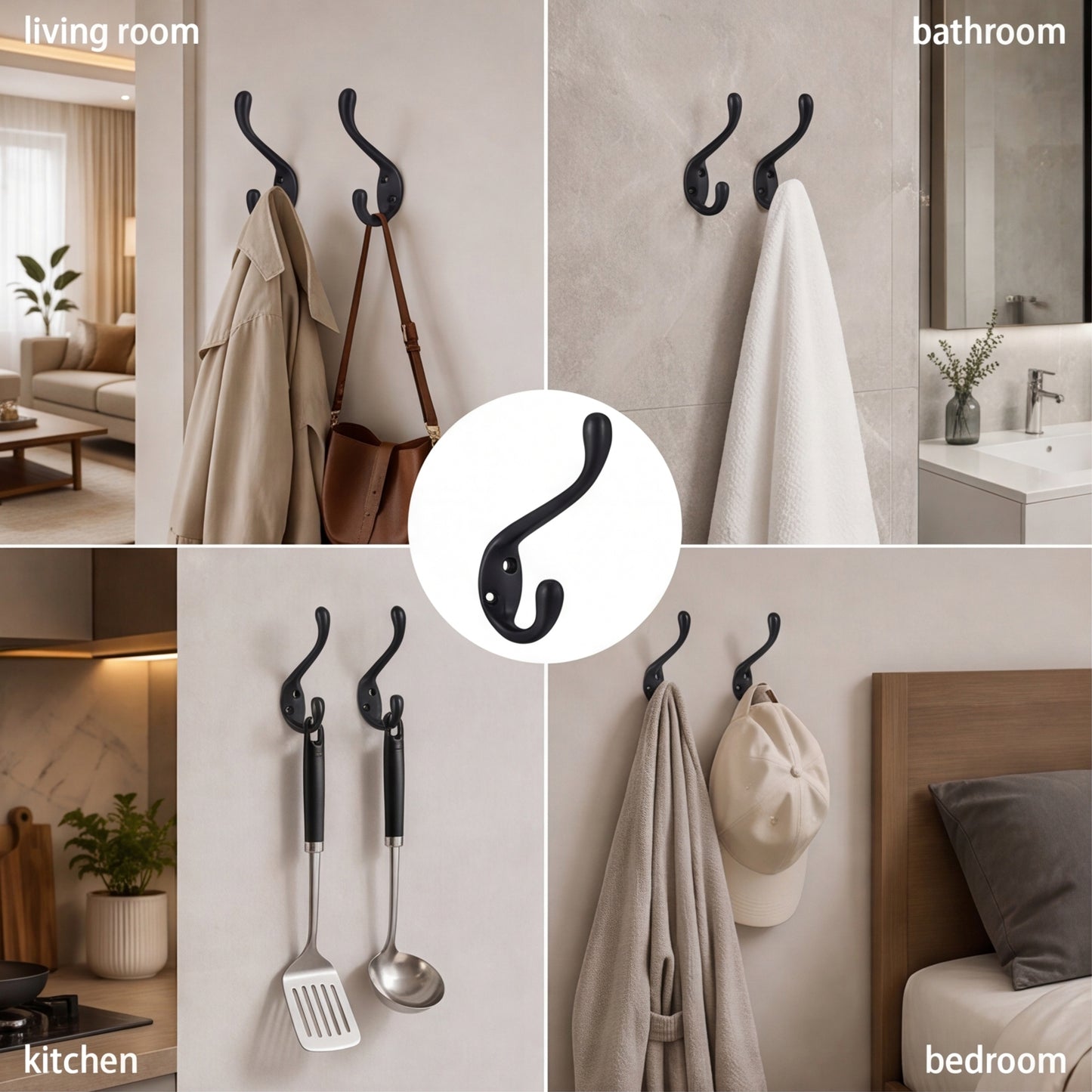 FESTIVITY LF6003MB-Matte Black 5 Pack Premium Aluminum Alloy Coat Dual Hooks