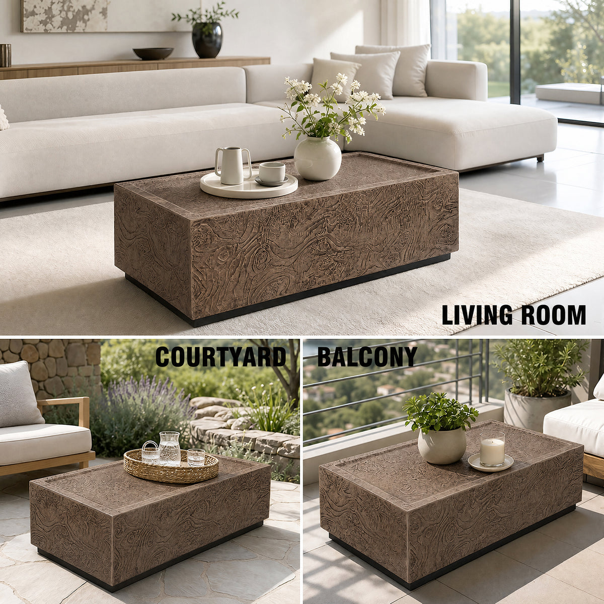 Festivo FCT26212 40" Rectangular MGO Coffee Table with a Natural Stone Burl-Look Finish-Warm Brown Burl