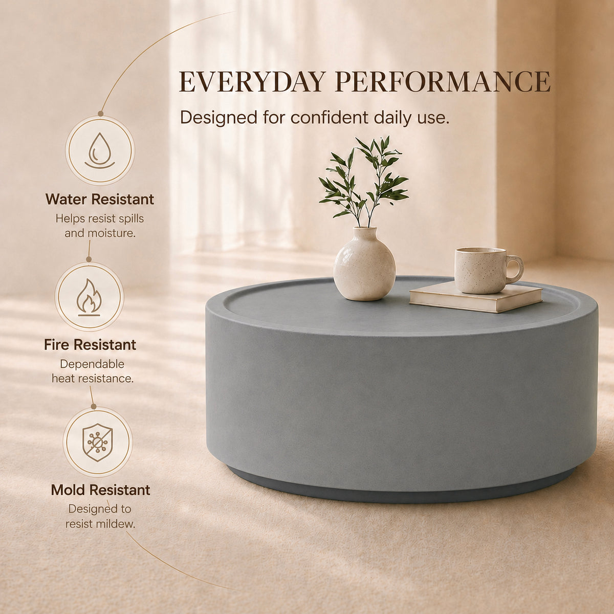Festivo FCT26132 28" Round MGO Coffee Table with a Natural Stone-Look Finish-Cement Gray