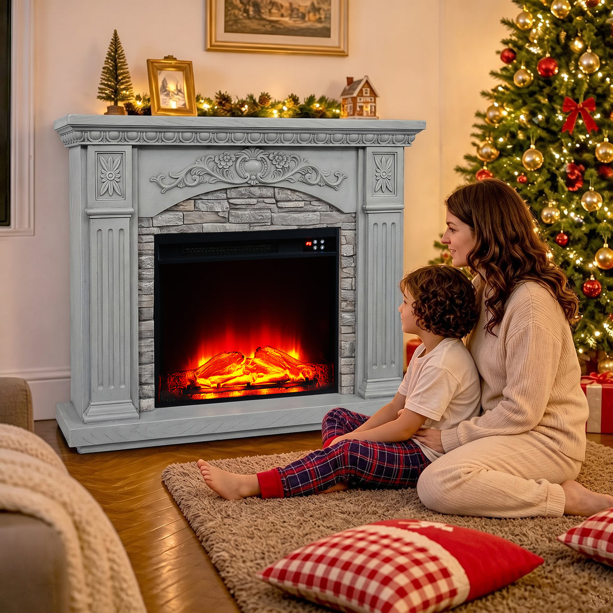 Festivo FFP26233 42.32" Vintage Carved-Look MGO Electric Fireplace Mantel with 23" Insert, Realistic Log & Flame Effect, Remote Control & Timer, Grey
