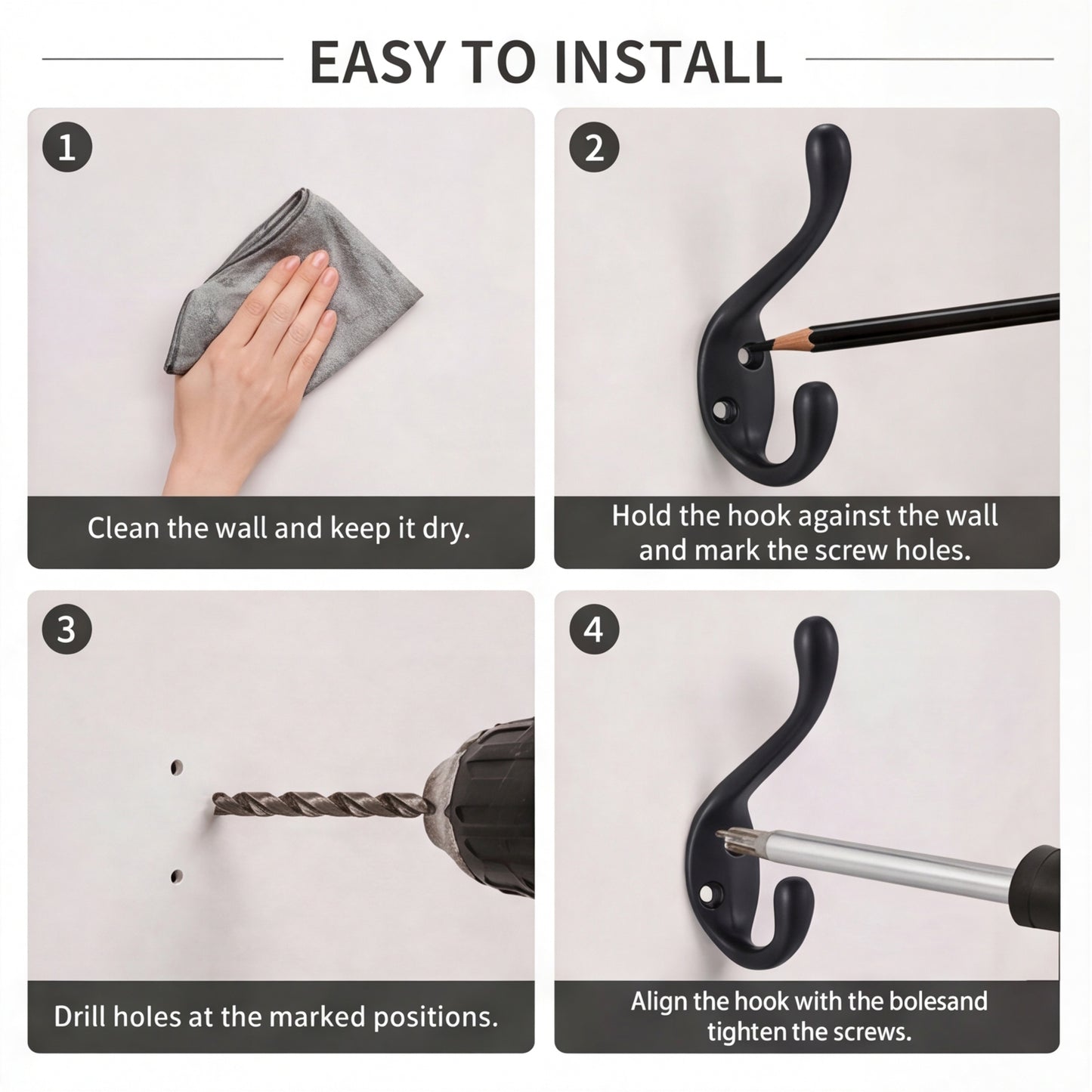 FESTIVITY LF6003MB-Matte Black 5 Pack Premium Aluminum Alloy Coat Dual Hooks