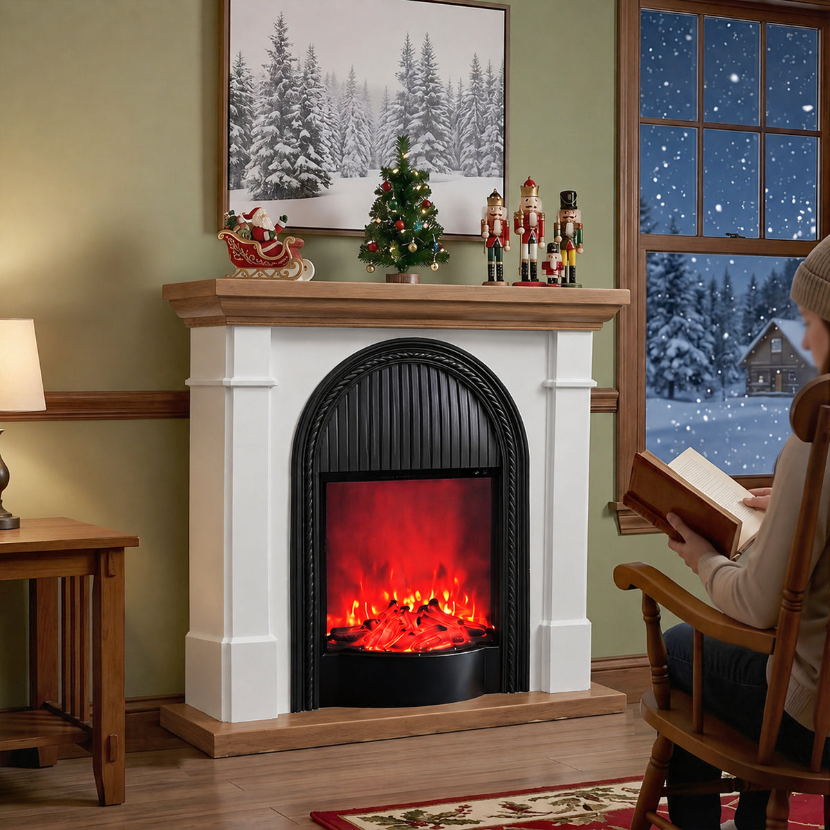 Festivo FFP26101 38.58" Stone Column MGO Electric Fireplace Mantel with 20" Black Arched Insert, Realistic Log & Flame Effect, Remote Control & Timer, White Oak
