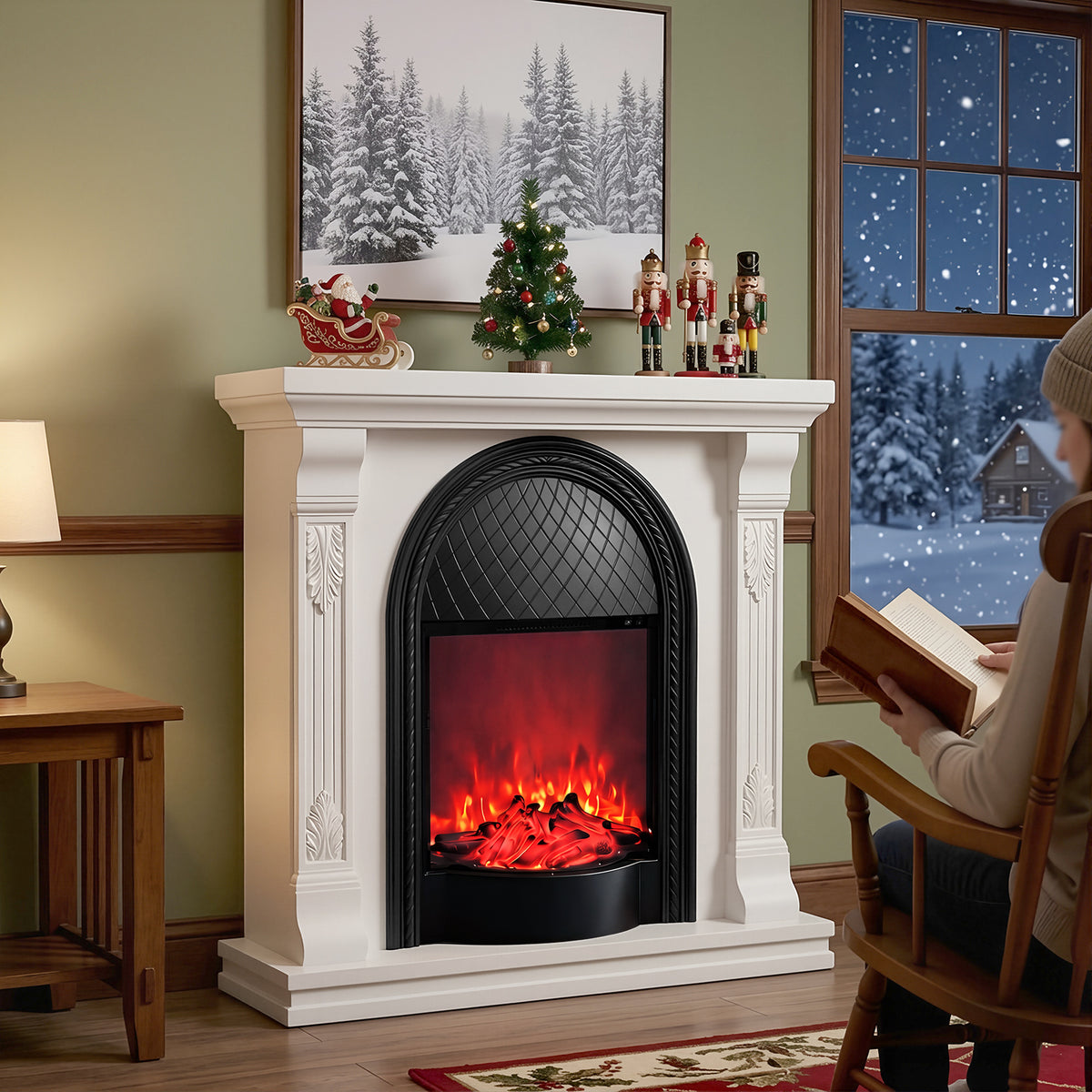 Festivo FFP26091 38.58" Stone Column MGO Electric Fireplace Mantel with 20" Black Arched Insert, Realistic Log & Flame Effect, Remote Control & Timer, White