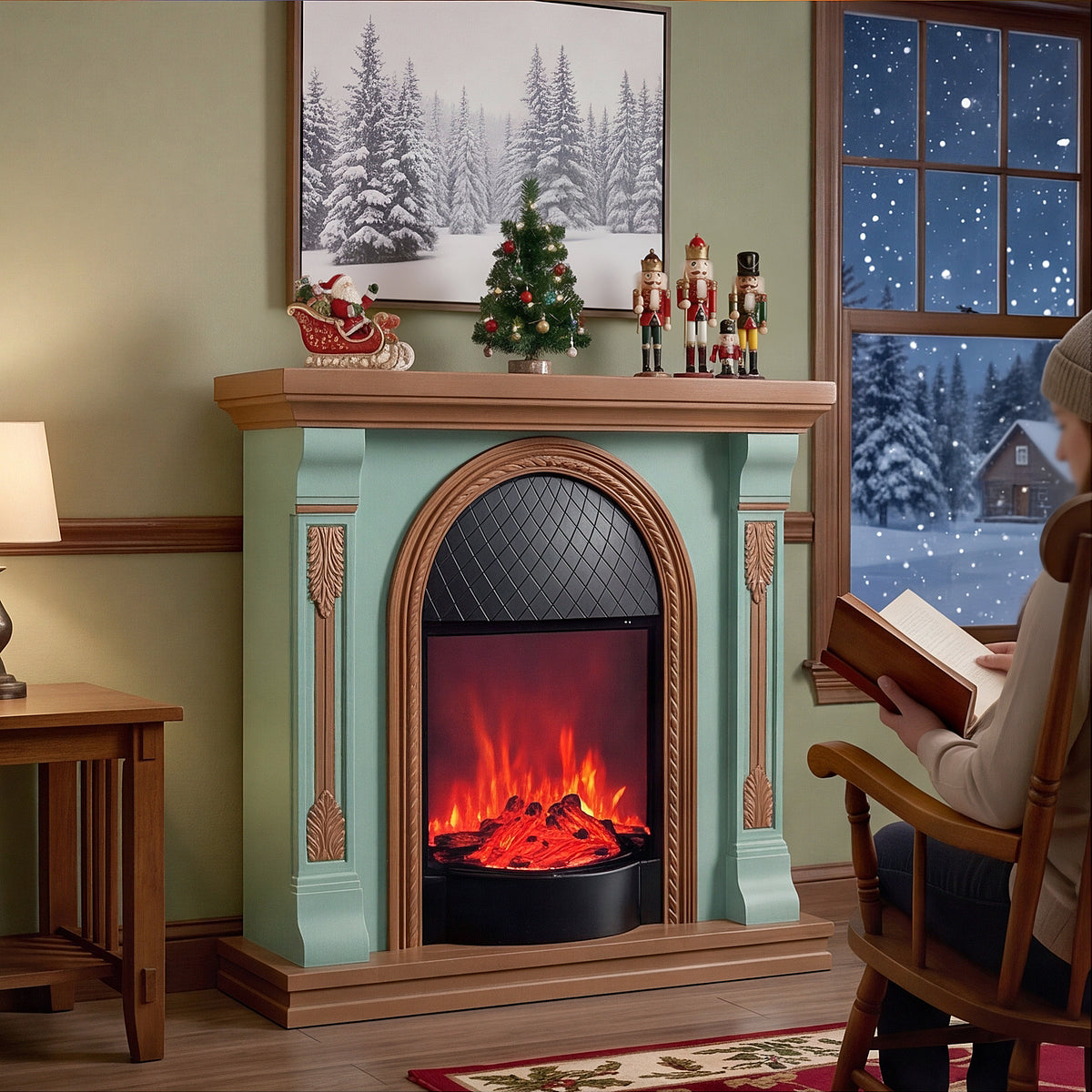Festivo FFP26093 38.58" Stone Column MGO Electric Fireplace Mantel with 20" Black Arched Insert, Realistic Log & Flame Effect, Remote Control & Timer, Sage Green & Warm Oak