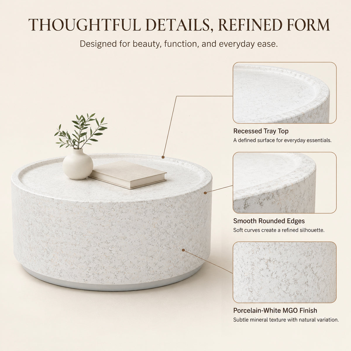 Festivo FCT26131 28" Round MGO Coffee Table with a Natural Stone Marble-Look Finish-Cloud Ceramic White