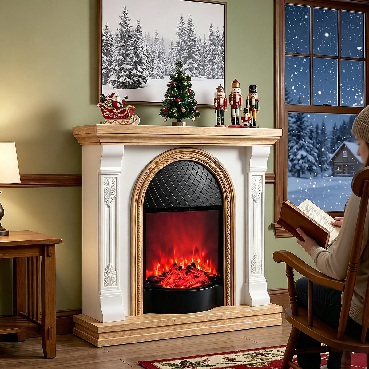 Festivo FFP26092 38.58" Stone Column MGO Electric Fireplace Mantel with 20" Black Arched Insert, Realistic Log & Flame Effect, Remote Control & Timer, White & Honey Oak
