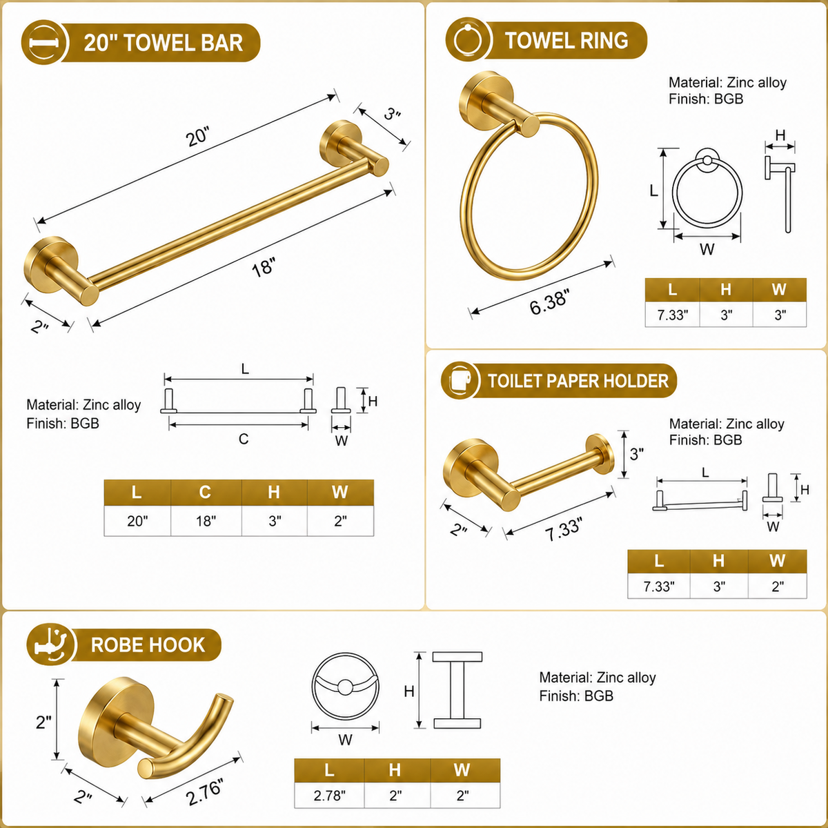 FESTIVO LF359 Brushed Golden Brass 4-Piece Bathroom Hardware Set, 18-Inch Towel Bar, Double Robe Hook, Toilet Paper Holder, Towel Ring, Wall-Mounted Bathroom Towel Rack Accessories Set