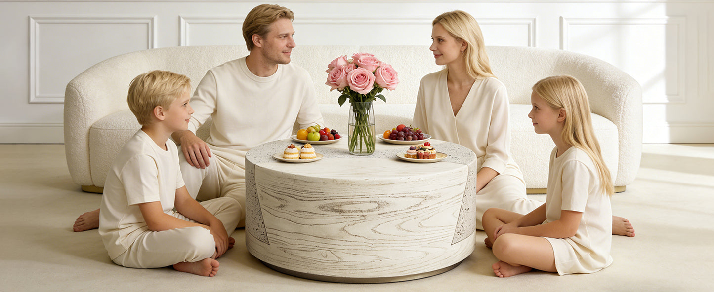 Festivo FST25131, FST25141 Round MGO Coffee & Side Table Set with a Natural Stone & Wood-Look Finish-Ivory Oak Travertine
