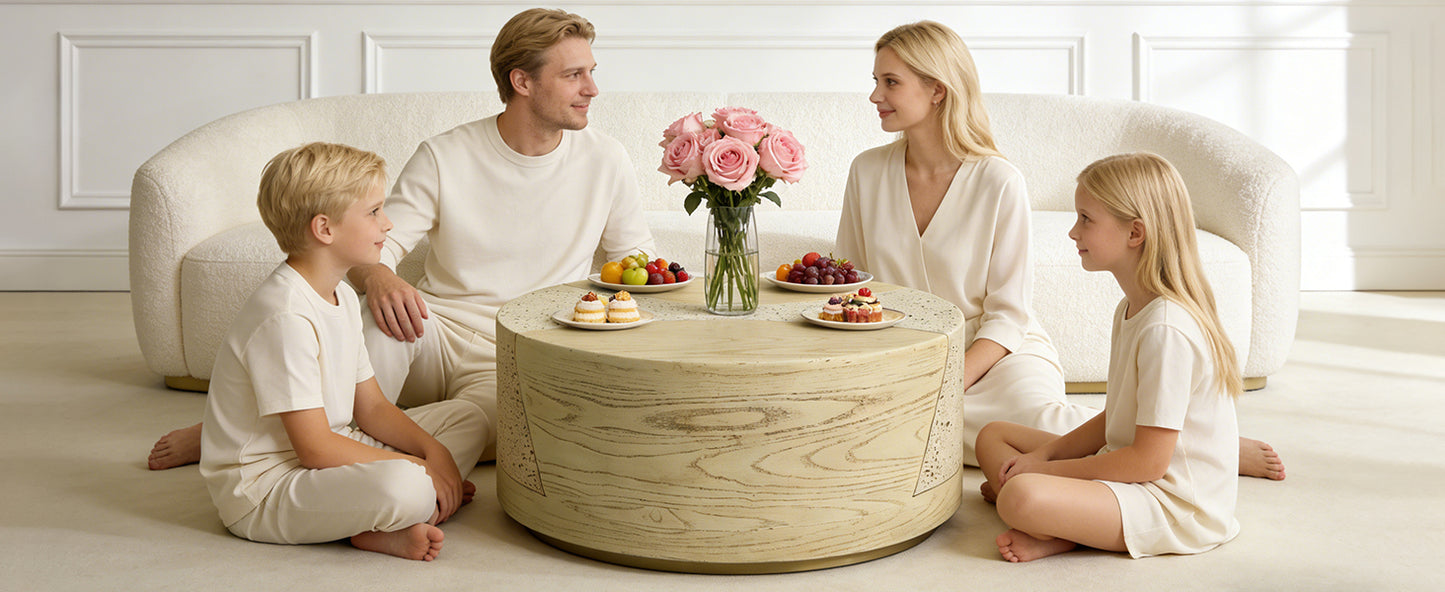 Festivo FST25132, FST25142 Round MGO Coffee & Side Table Set with a Natural Stone & Wood-Look Finish-Sahara Oak Travertine