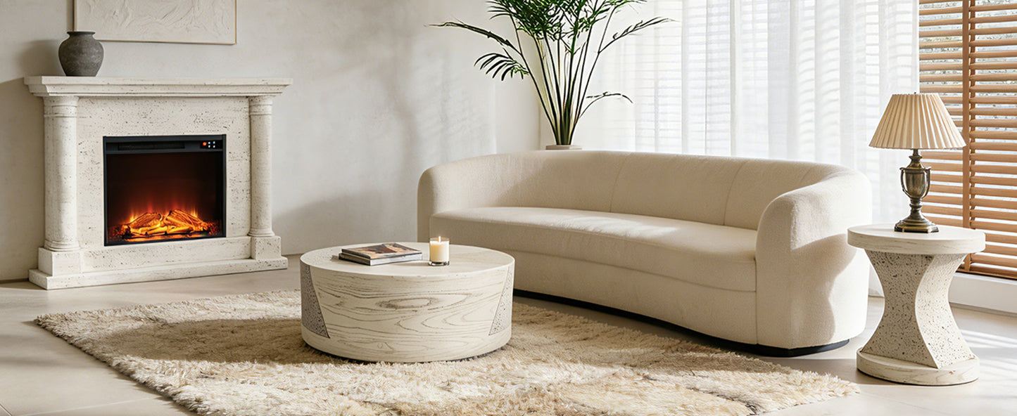 Festivo FST25131, FST25141 Round MGO Coffee & Side Table Set with a Natural Stone & Wood-Look Finish-Ivory Oak Travertine