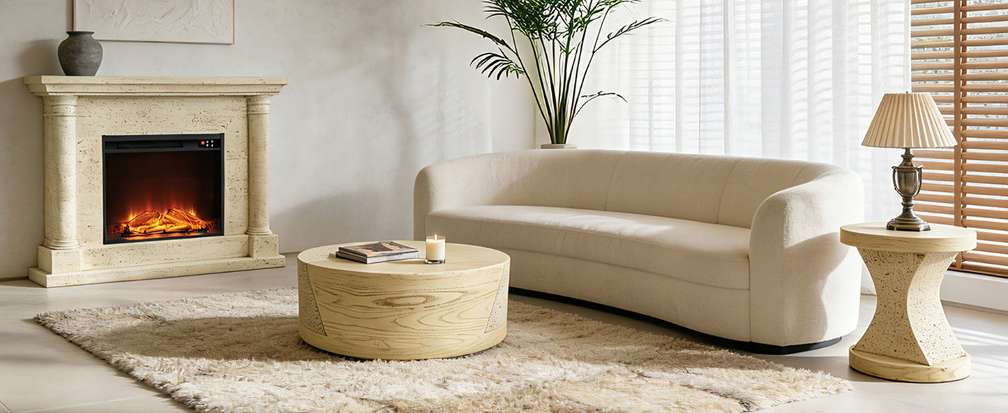 Festivo FST25132, FST25142 Round MGO Coffee & Side Table Set with a Natural Stone & Wood-Look Finish-Sahara Oak Travertine