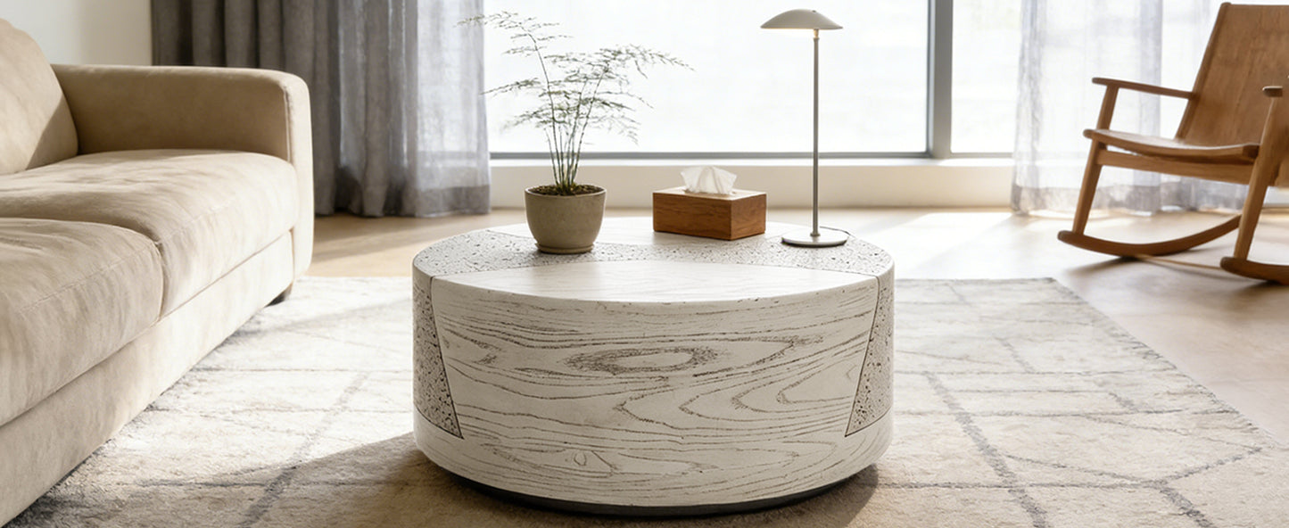 Festivo FST25131, FST25141 Round MGO Coffee & Side Table Set with a Natural Stone & Wood-Look Finish-Ivory Oak Travertine