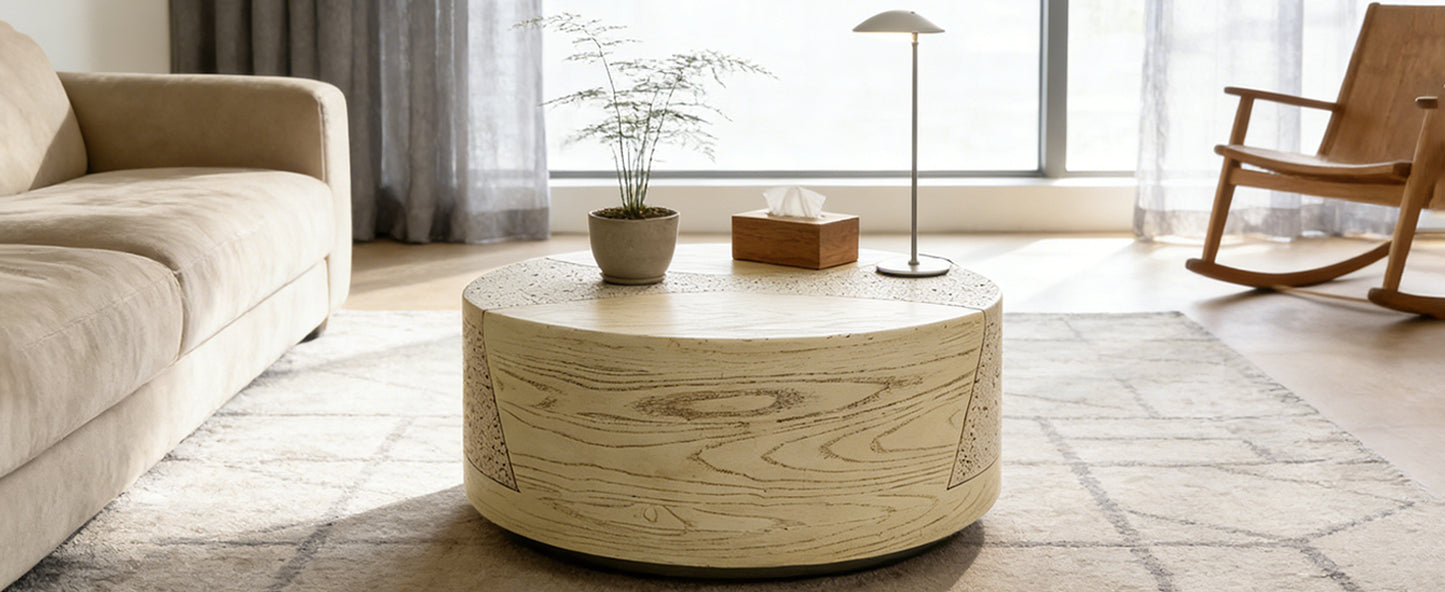 Festivo FST25132, FST25142 Round MGO Coffee & Side Table Set with a Natural Stone & Wood-Look Finish-Sahara Oak Travertine