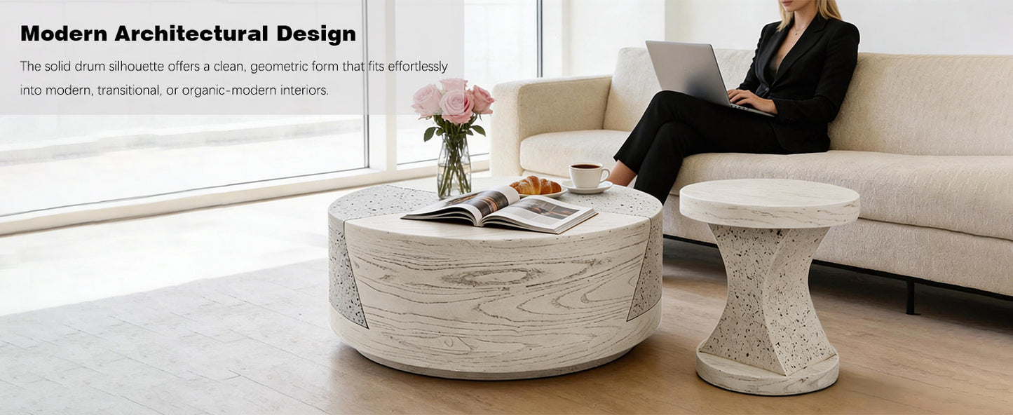 Festivo FST25131, FST25141 Round MGO Coffee & Side Table Set with a Natural Stone & Wood-Look Finish-Ivory Oak Travertine