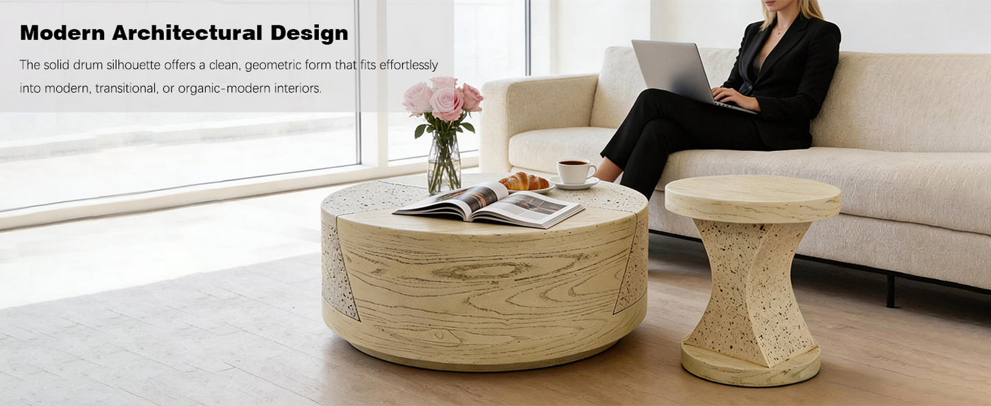 Festivo FST25132, FST25142 Round MGO Coffee & Side Table Set with a Natural Stone & Wood-Look Finish-Sahara Oak Travertine