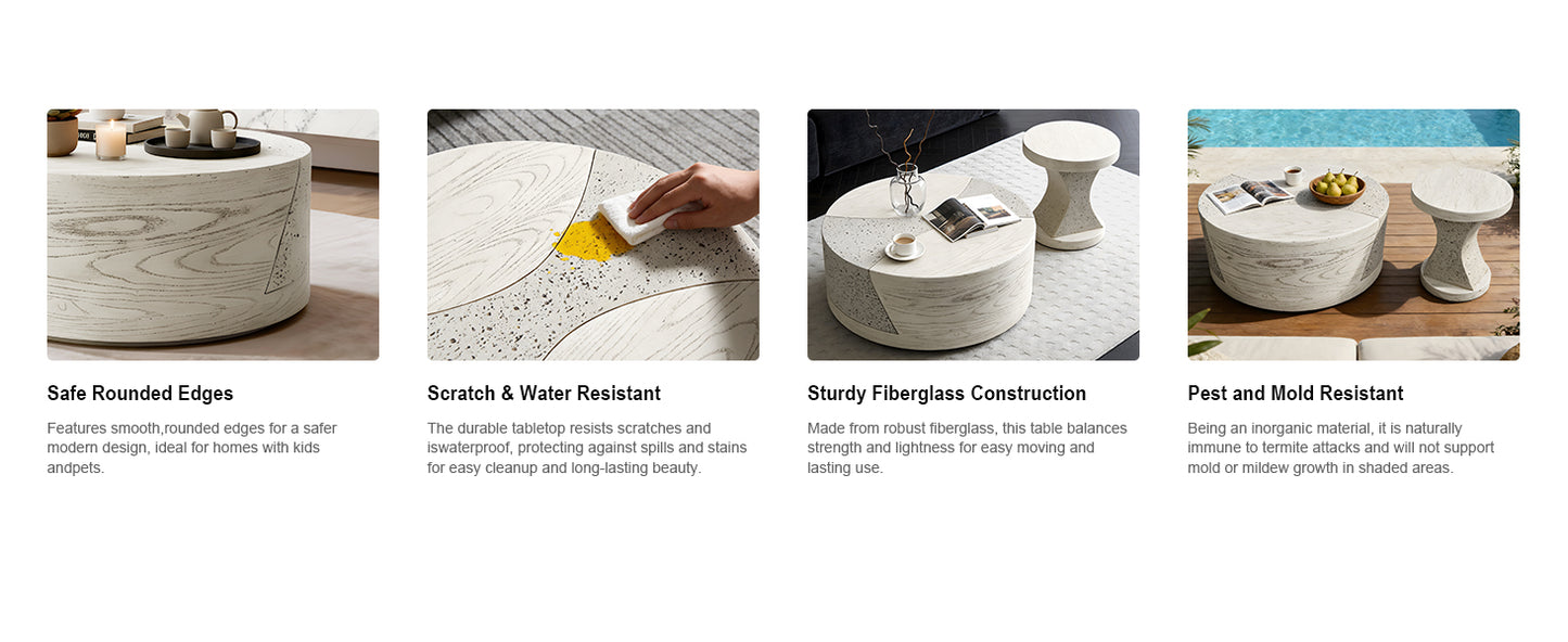 Festivo FST25131, FST25141 Round MGO Coffee & Side Table Set with a Natural Stone & Wood-Look Finish-Ivory Oak Travertine