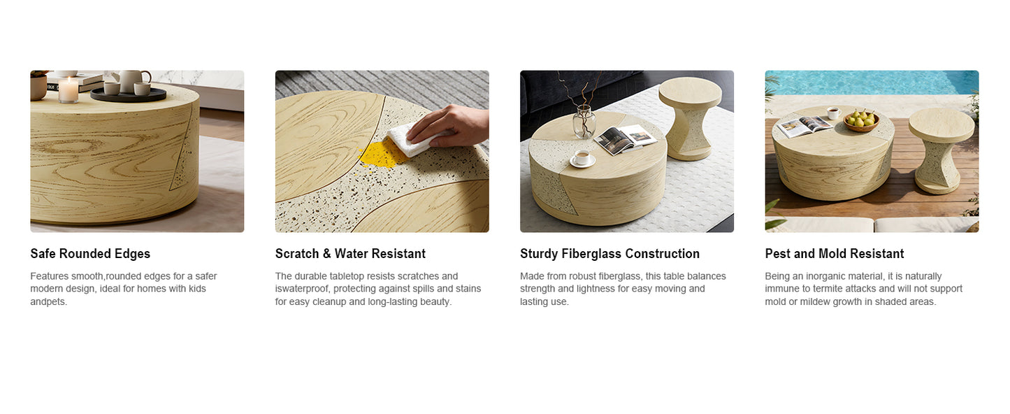 Festivo FST25132, FST25142 Round MGO Coffee & Side Table Set with a Natural Stone & Wood-Look Finish-Sahara Oak Travertine