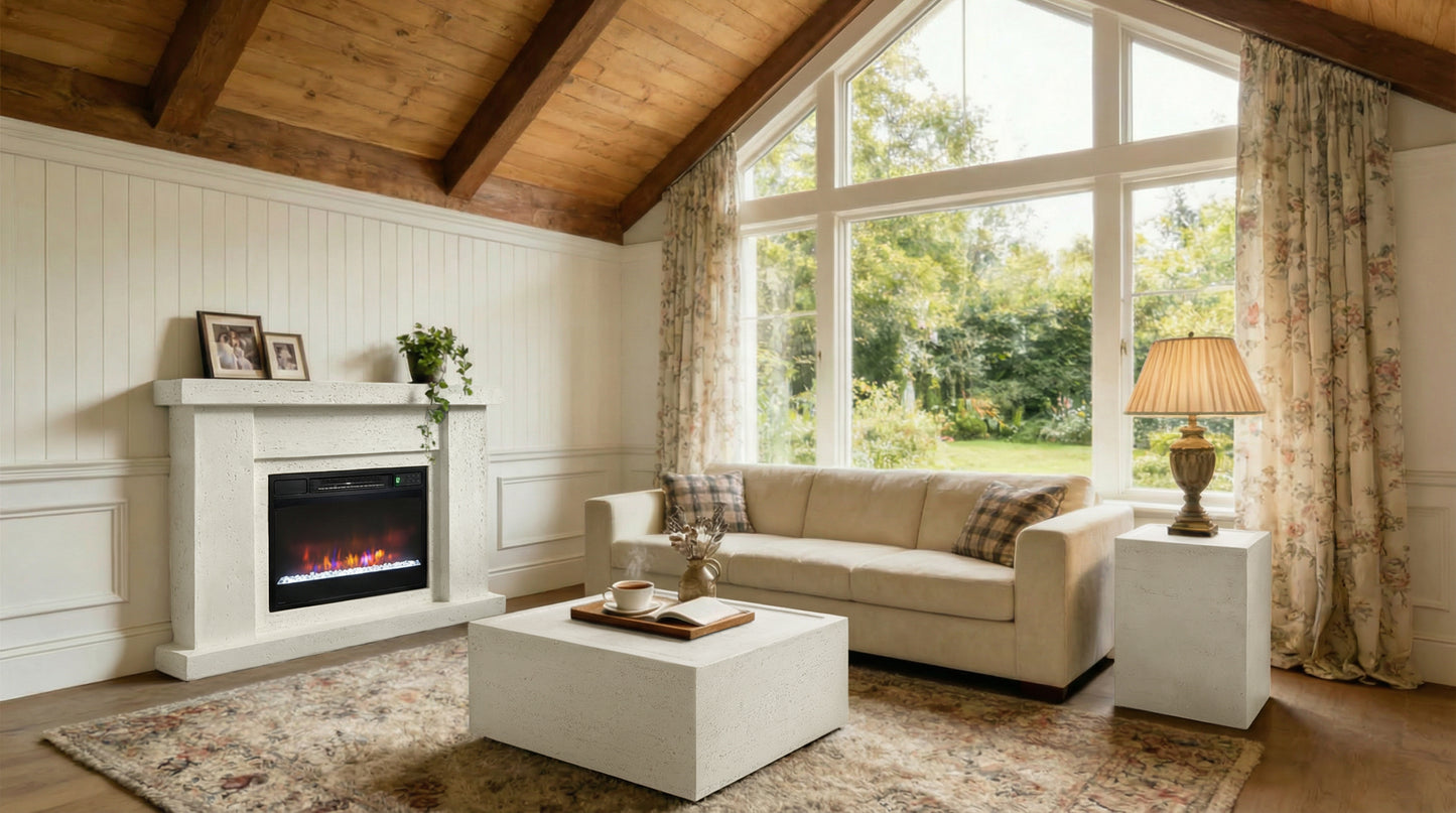 Festivo FFP25101 44.5" Electric Fireplace MGO Mantel with a Natural Stone–Look Finish-Ivory Travertine