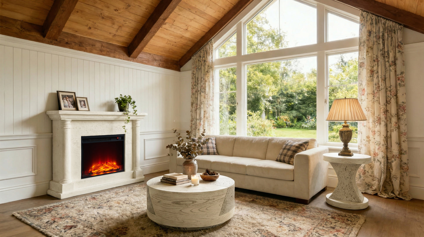 Festivo FFP25111 44.5" Electric Fireplace MGO Mantel with a Natural Stone–Look Finish-Ivory Travertine