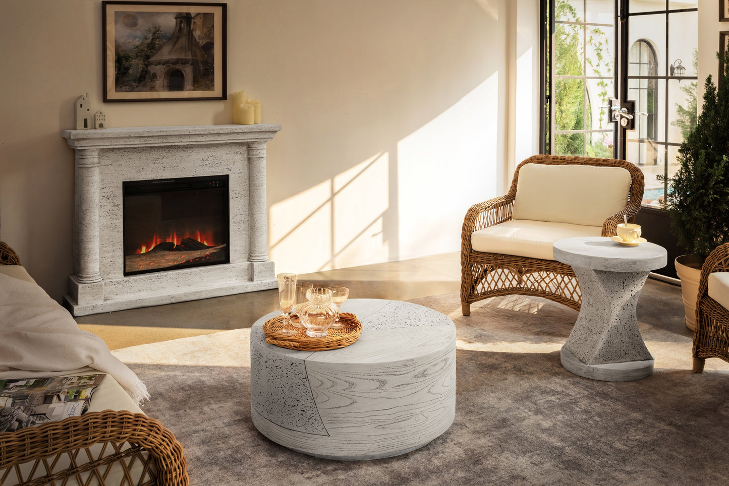 Festivo FST25141 17.91" Round MGO Side/End Table with a Natural Stone & Wood-Look Finish-Ivory Oak Travertine