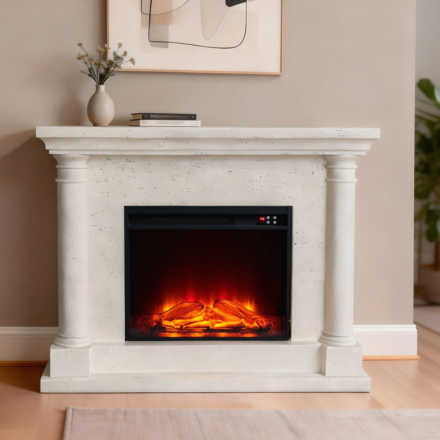 Festivo FFP25111 44.5" Electric Fireplace MGO Mantel with a Natural Stone–Look Finish-Ivory Travertine