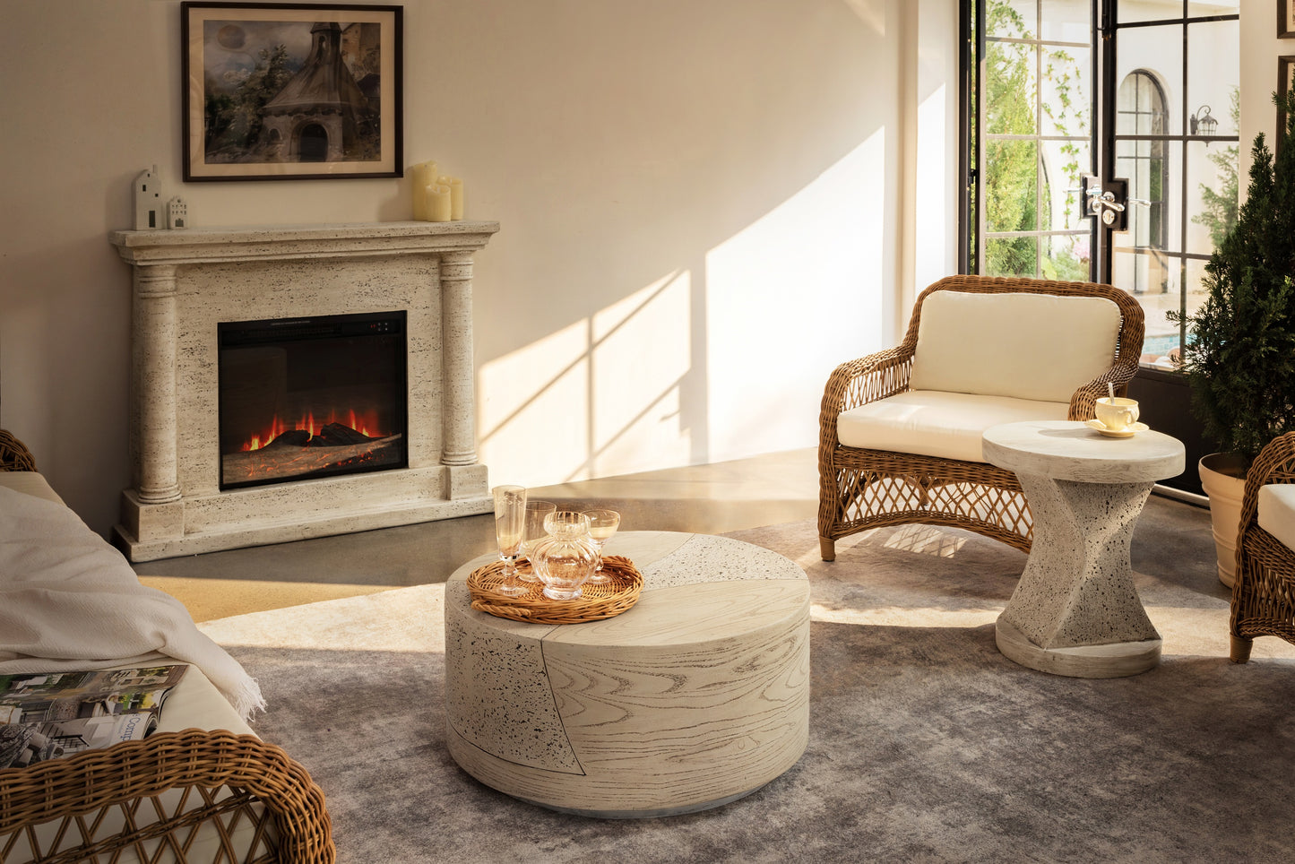 Festivo FST25142 17.91" Round MGO Side/End Table with a Natural Stone & Wood-Look Finish-Sahara Oak Travertine