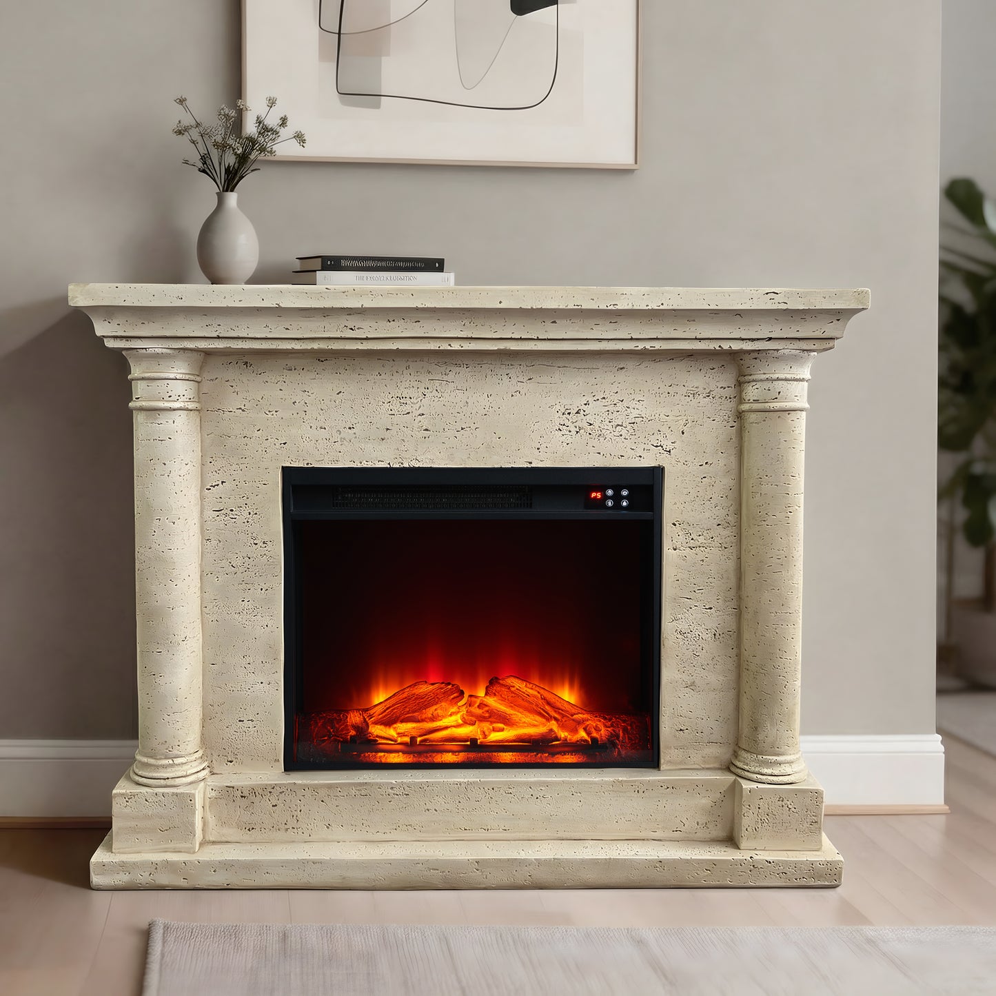Festivo FFP25112 44.5" Electric Fireplace MGO Mantel with a Natural Stone–Look Finish-Sahara Travertine