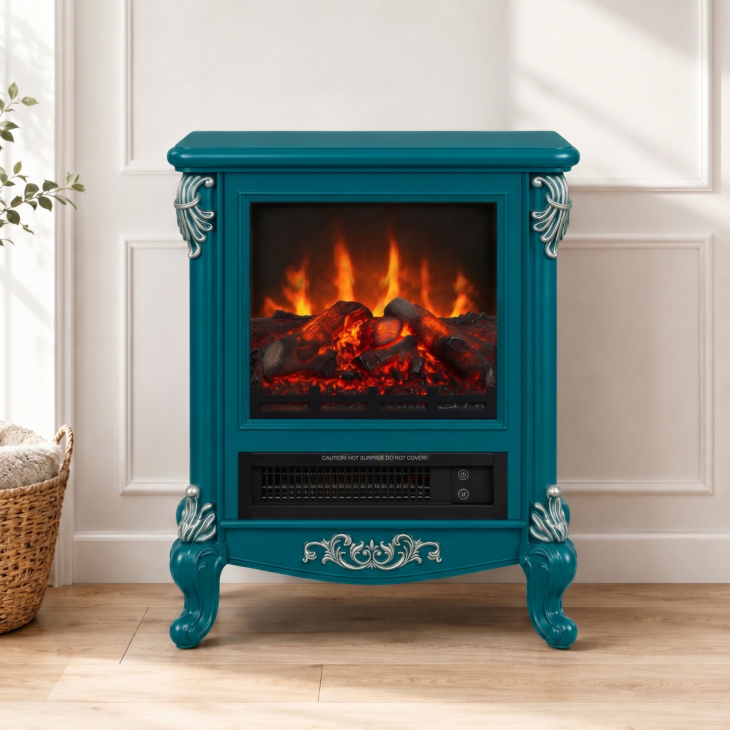 FESTIVO FFP25163 18.9" GRC Electric Stove Heater with Faux Log-Teal & Silver