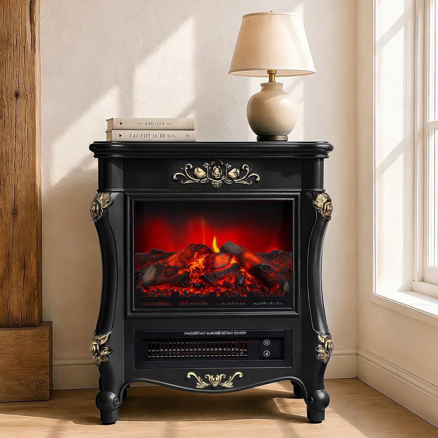 FESTIVO FFP25171 18.9" GRC Electric Stove Heater with Faux Log-Black & Gold