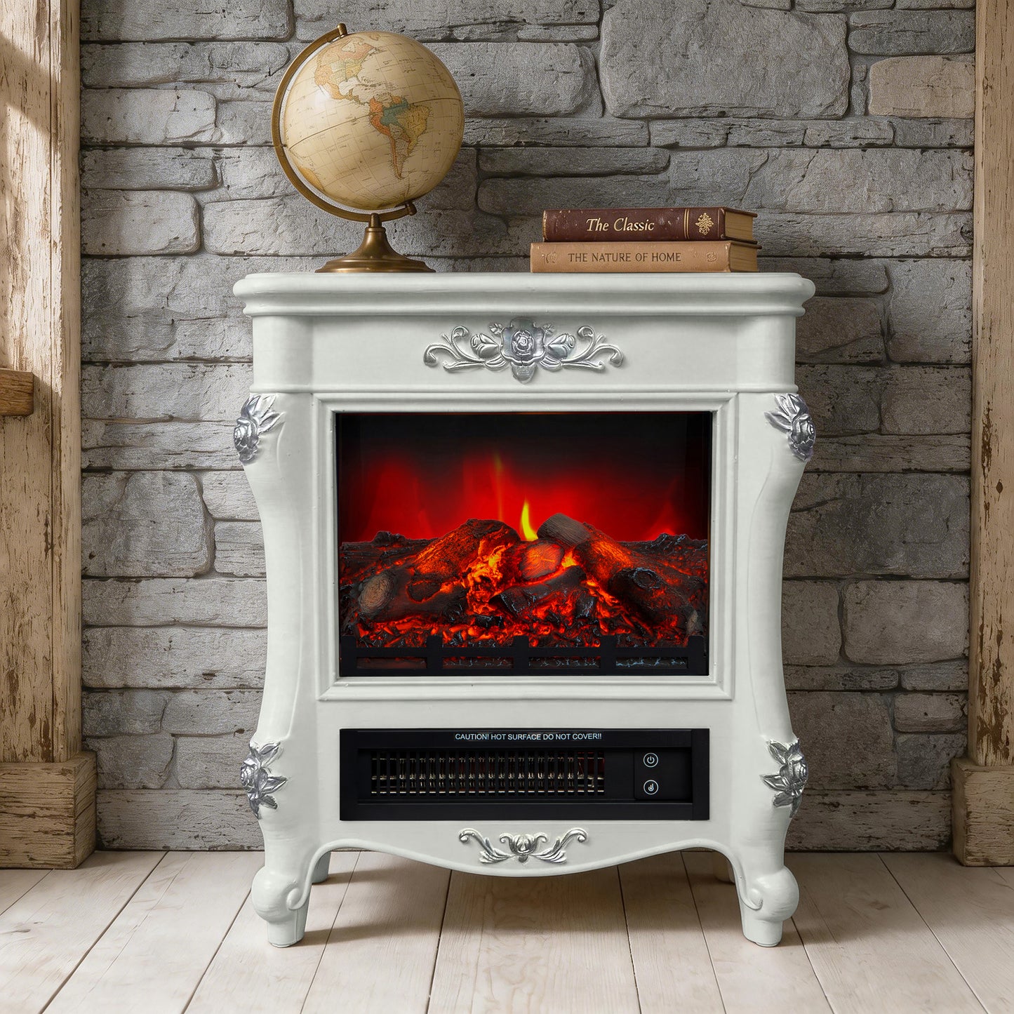 FESTIVO FFP25172 18.9" GRC Electric Stove Heater with Faux Log-White & Silver