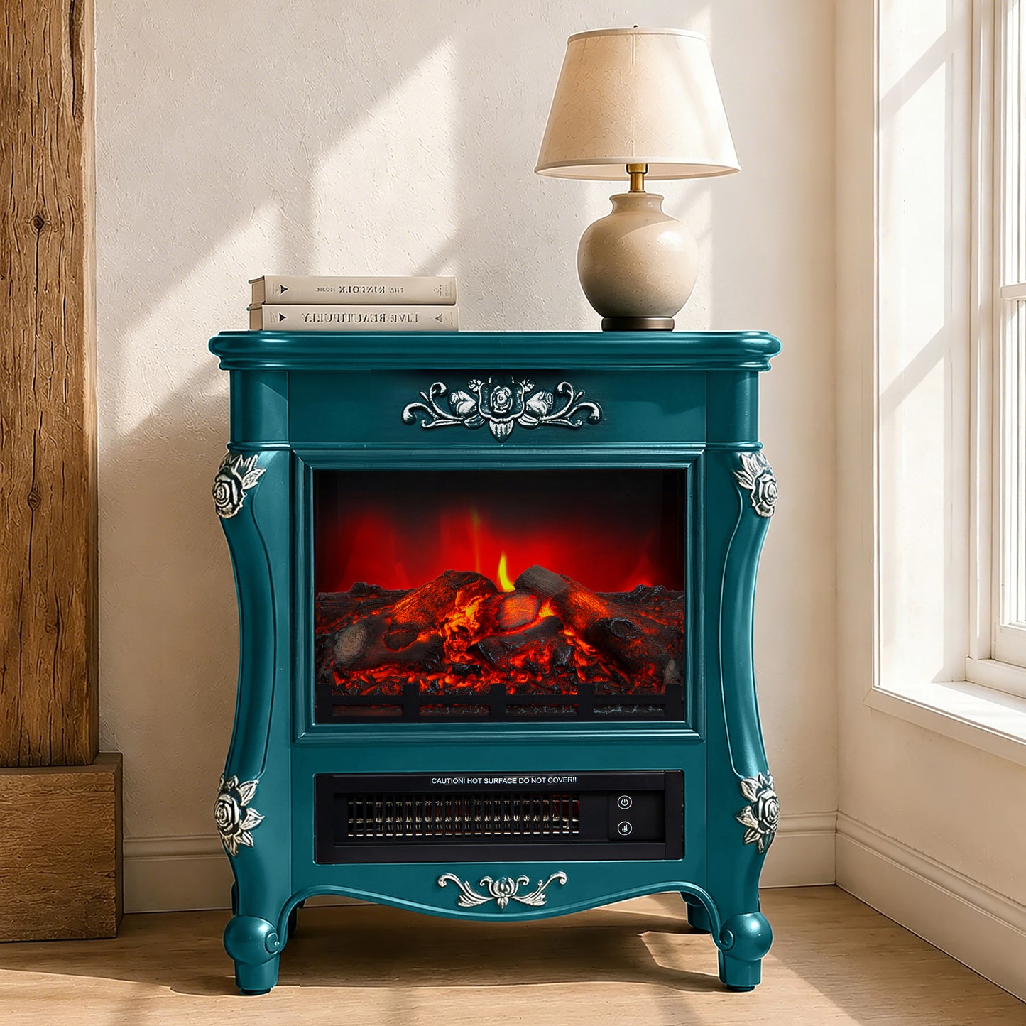 FESTIVO FFP25173 18.9" GRC Electric Stove Heater with Faux Log-Teal & Silver